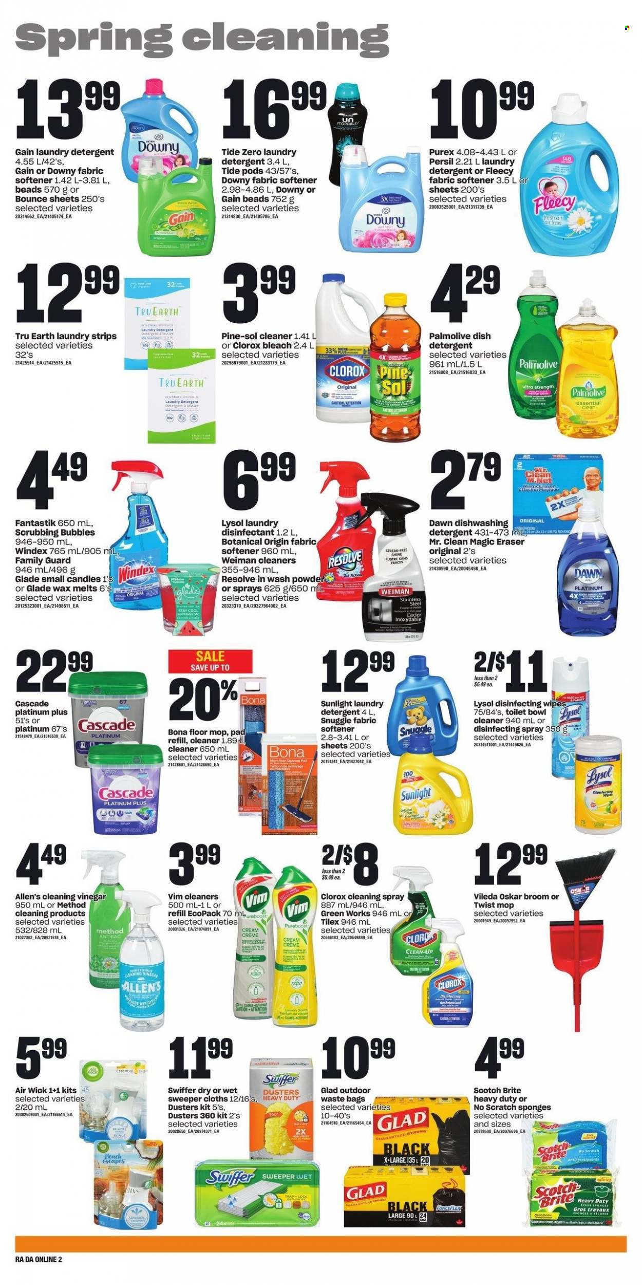 thumbnail - Atlantic Superstore Flyer - March 16, 2023 - March 22, 2023 - Sales products - strips, vinegar, wipes, Gain, Windex, Scrubbing Bubbles, cleaner, bleach, Lysol, Clorox, Pine-Sol, Swiffer, Snuggle, Tide, Persil, fabric softener, laundry detergent, Sunlight, Bounce, Cascade, Purex, Downy Laundry, dishwasher cleaner, Palmolive, bag, trash bags, detergent, desinfection. Page 6.