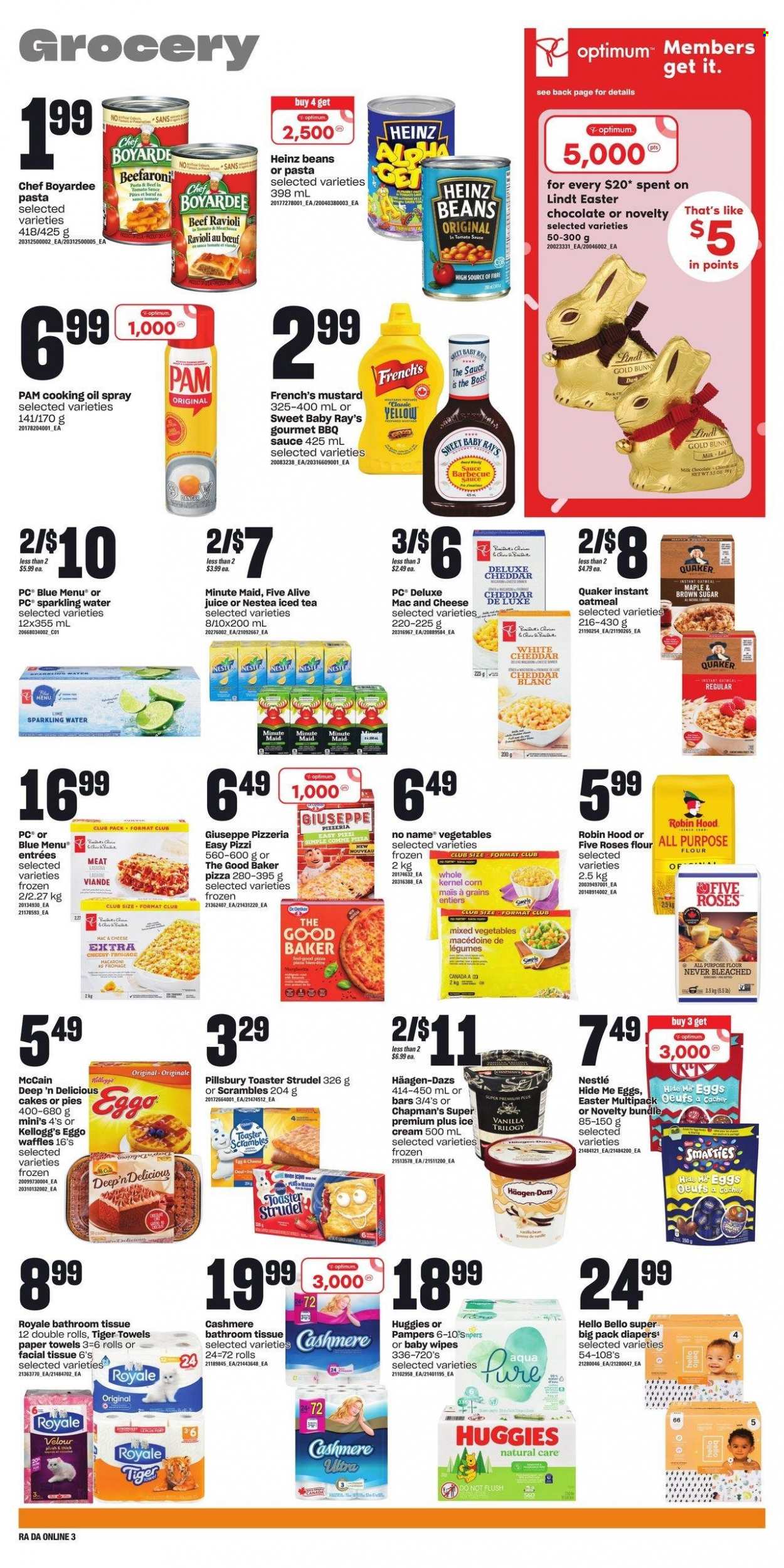 thumbnail - Atlantic Superstore Flyer - March 16, 2023 - March 22, 2023 - Sales products - cake, strudel, waffles, beans, corn, No Name, ravioli, pizza, Pillsbury, Quaker, cheddar, eggs, ice cream, Häagen-Dazs, mixed vegetables, McCain, milk chocolate, Kellogg's, all purpose flour, cane sugar, flour, oatmeal, Chef Boyardee, BBQ sauce, mustard, oil, cooking oil, juice, ice tea, fruit punch, sparkling water, water, wipes, Pampers, baby wipes, nappies, bath tissue, kitchen towels, paper towels, Optimum, Nestlé, Heinz, Huggies, Lindt, Smarties. Page 7.