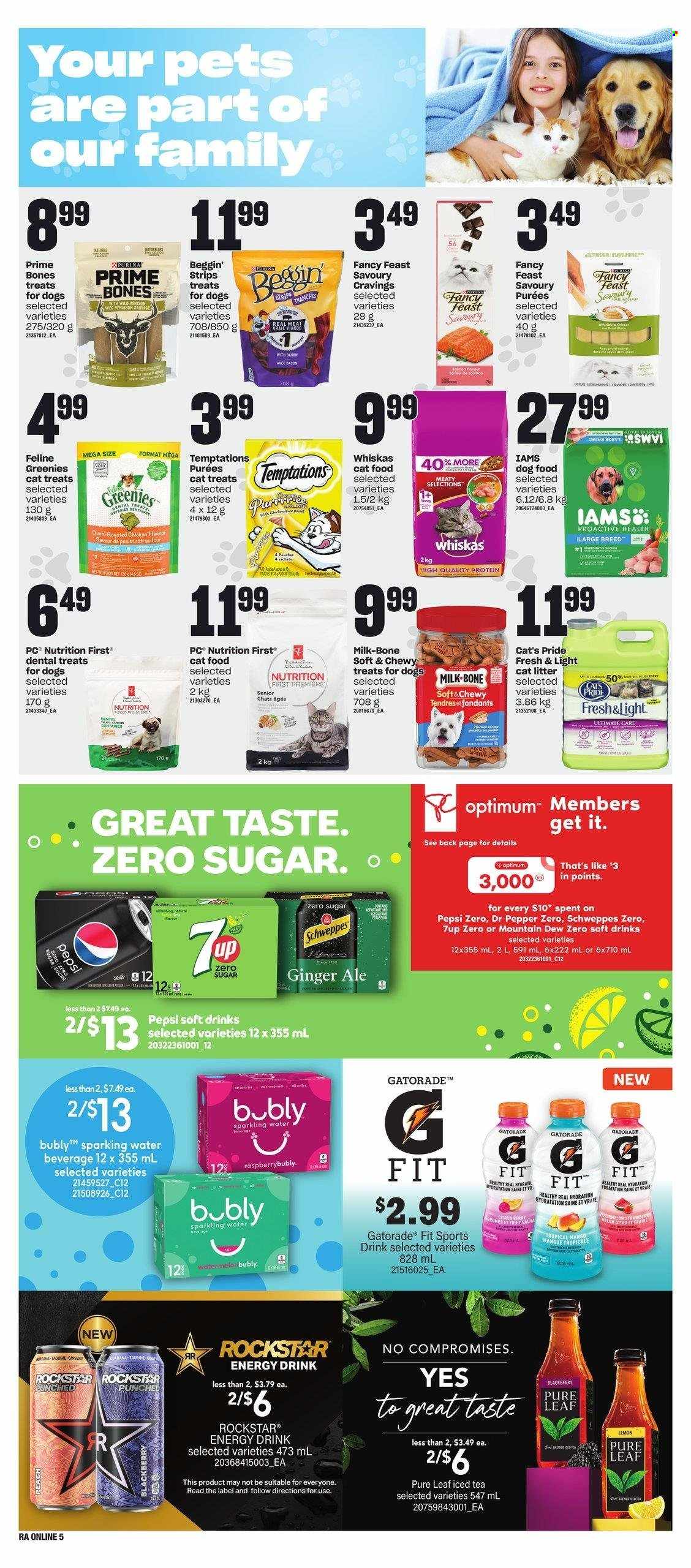 thumbnail - Atlantic Superstore Flyer - March 16, 2023 - March 22, 2023 - Sales products - watermelon, chicken roast, milk, strips, ginger ale, Mountain Dew, Schweppes, Pepsi, energy drink, ice tea, Dr. Pepper, soft drink, 7UP, Rockstar, Gatorade, sparkling water, water, Pure Leaf, animal food, cat litter, PREMIERE, Greenies, cat food, dental treats, dog food, Purina, Optimum, Beggin', Fancy Feast, Iams, Whiskas. Page 9.