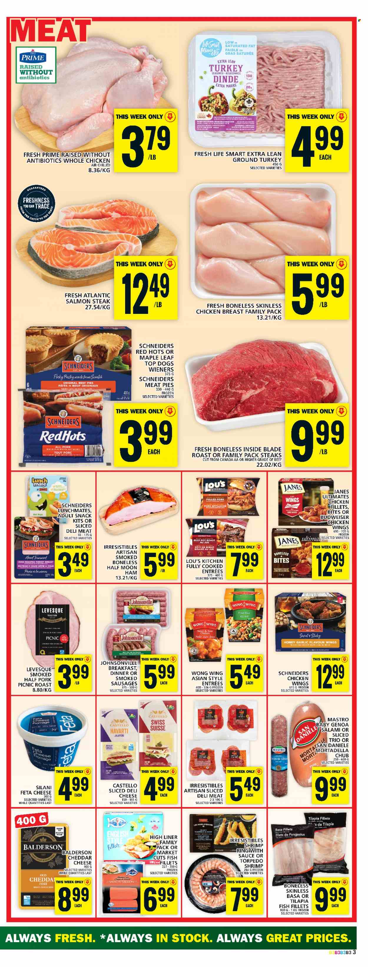 thumbnail - Food Basics Flyer - March 16, 2023 - March 22, 2023 - Sales products - fish fillets, salmon, tilapia, pangasius, fish, shrimps, beef pie, pulled pork, roast, salami, ham, Johnsonville, sausage, Havarti, cheddar, cheese, feta, chicken wings, snack, honey, beer, ground turkey, whole chicken, chicken breasts, chicken, turkey, steak, pork meat, pot, Budweiser. Page 4.
