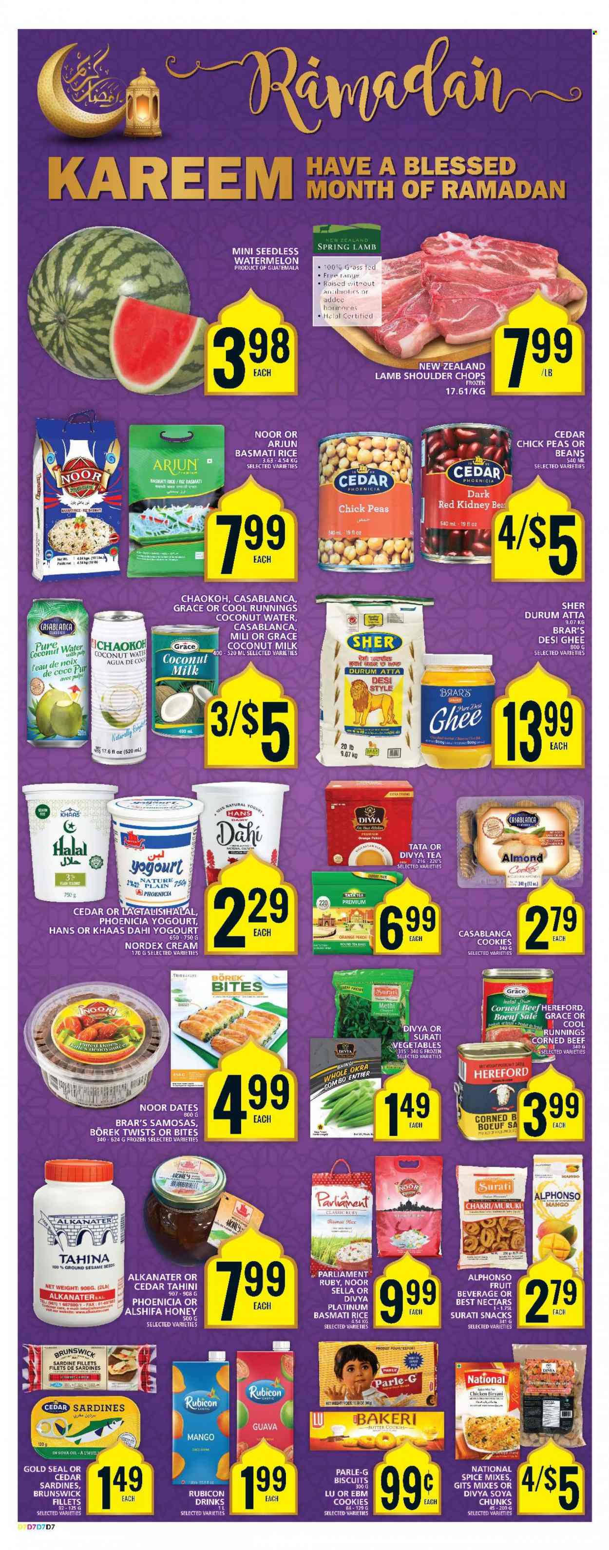 thumbnail - Food Basics Flyer - March 16, 2023 - March 22, 2023 - Sales products - beans, peas, guava, watermelon, oranges, sardines, corned beef, yoghurt, butter, ghee, cookies, snack, biscuit, Parle, flour, coconut milk, basmati rice, rice, soya chunks, spice, tahini, soya oil, oil, honey, coconut water, water, tea, tea bags, beef meat, lamb meat, lamb shoulder. Page 9.