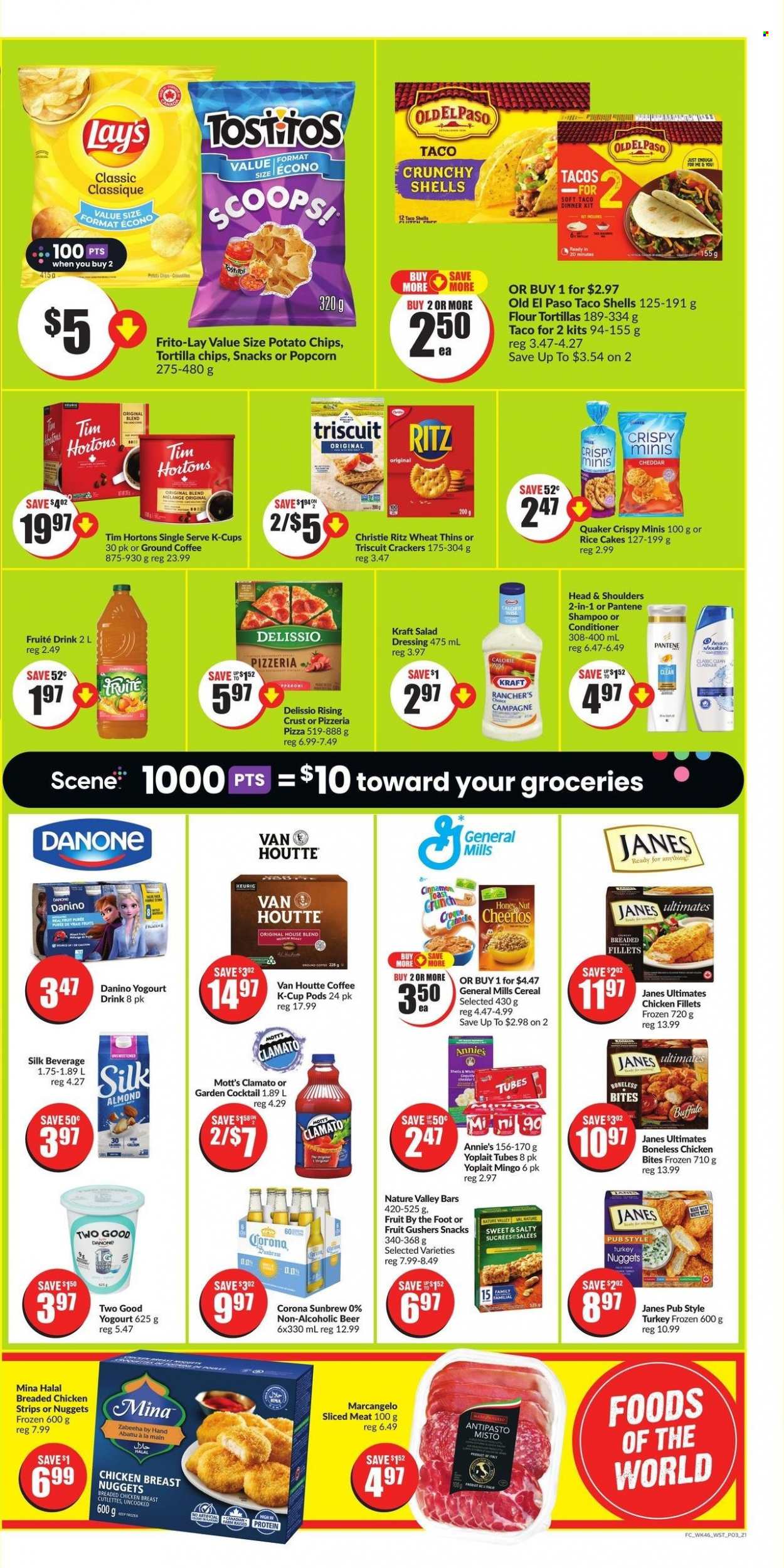 thumbnail - FreshCo. Flyer - March 16, 2023 - March 22, 2023 - Sales products - tortillas, cake, Old El Paso, tacos, Ace, flour tortillas, rice cakes, snack, Mott's, nuggets, chicken nuggets, dinner kit, chicken bites, Quaker, chicken strips, Annie's, Kraft®, ready meal, breaded chicken, salami, ham, chicken breasts, sliced meat, antipasti, cheese, yoghurt, Yoplait, Silk, strips, cereal bar, crackers, fruit snack, RITZ, General Mills, bars, tortilla chips, potato chips, Lay’s, Thins, popcorn, Frito-Lay, rice crisps, salty snack, cereals, Cheerios, Nature Valley, salad dressing, dressing, tomato juice, Clamato, vegetable juice, coffee, ground coffee, coffee capsules, K-Cups, Corona Extra, non-alcoholic beer, turkey, chicken fillet, shampoo, Danone. Page 3.