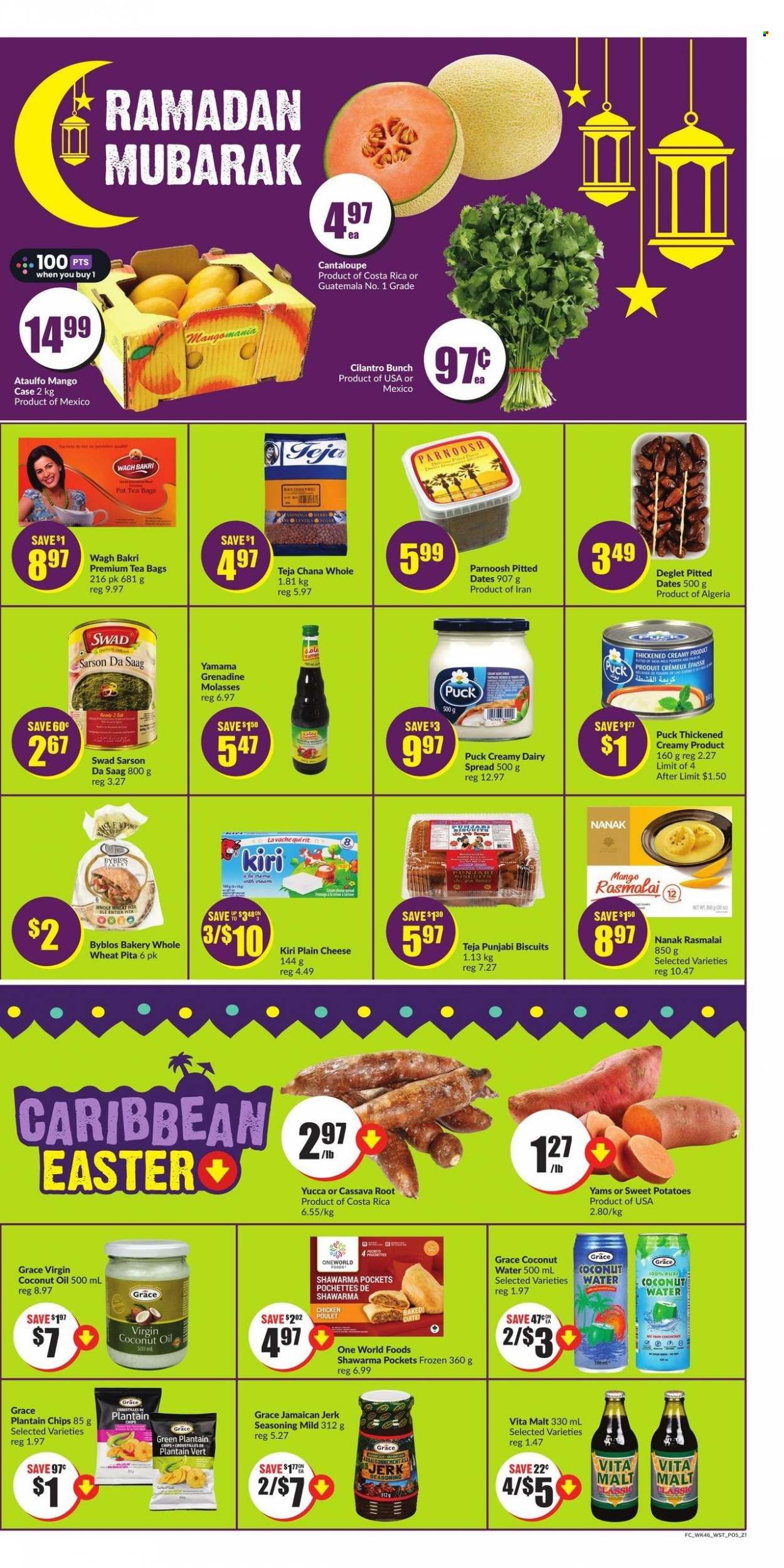 thumbnail - FreshCo. Flyer - March 16, 2023 - March 22, 2023 - Sales products - pita, cantaloupe, sweet potato, potatoes, cassava, mango, Kiri, The Laughing Cow, Puck, biscuit, malt, cilantro, spice, coconut oil, molasses, dried fruit, dried dates, coconut water, water, grenadine, tea bags, pot. Page 5.