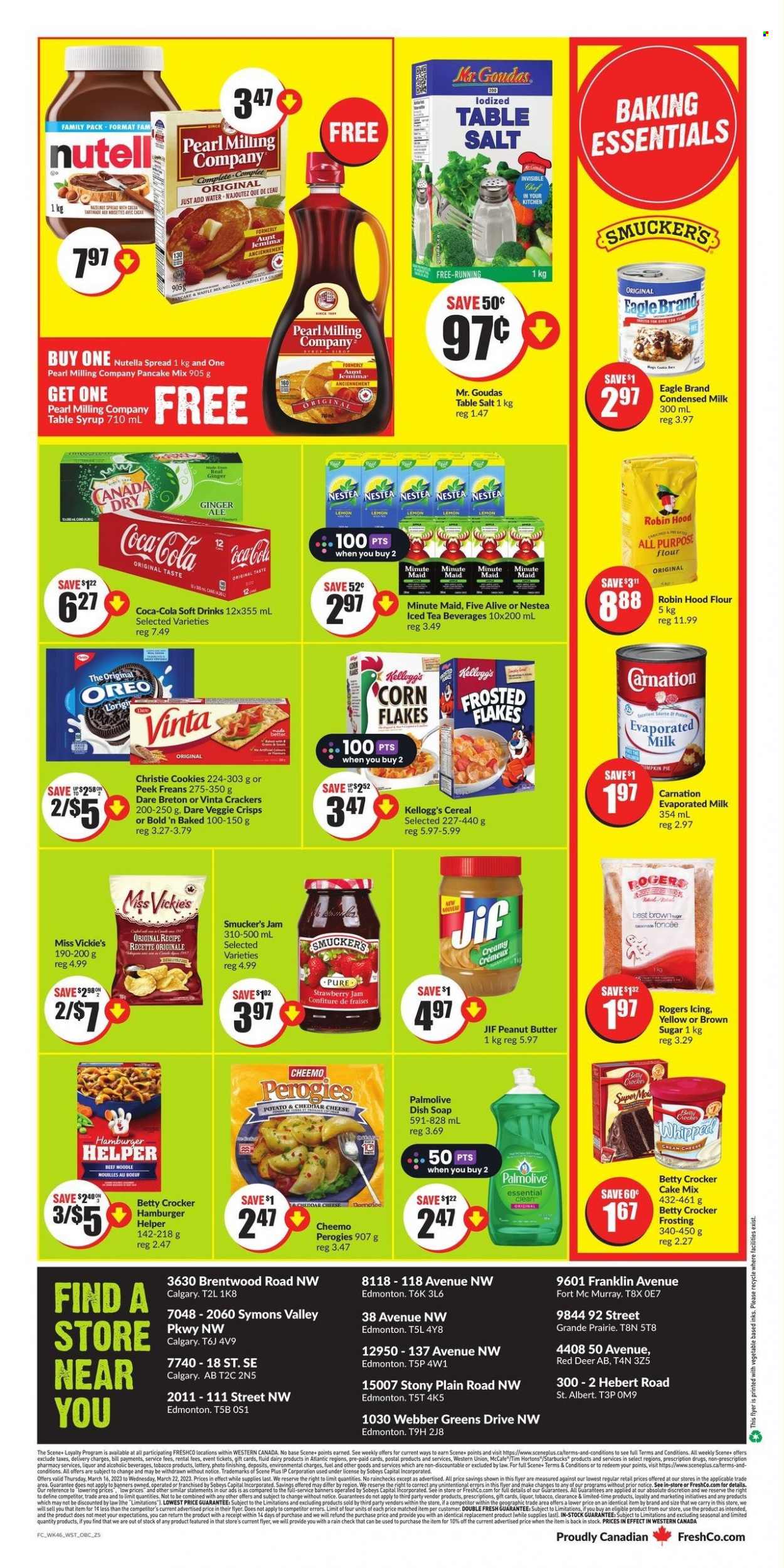 thumbnail - FreshCo. Flyer - March 16, 2023 - March 22, 2023 - Sales products - cake mix, pancakes, noodles, cream cheese, cheese, evaporated milk, condensed milk, whipped cream, cookies, crackers, Kellogg's, all purpose flour, flour, frosting, strawberry jam, cereals, corn flakes, Frosted Flakes, fruit jam, peanut butter, syrup, Jif, Canada Dry, Coca-Cola, ginger ale, ice tea, soft drink, fruit punch, water, Starbucks, Palmolive, soap, Absolute, Nutella, Oreo. Page 6.