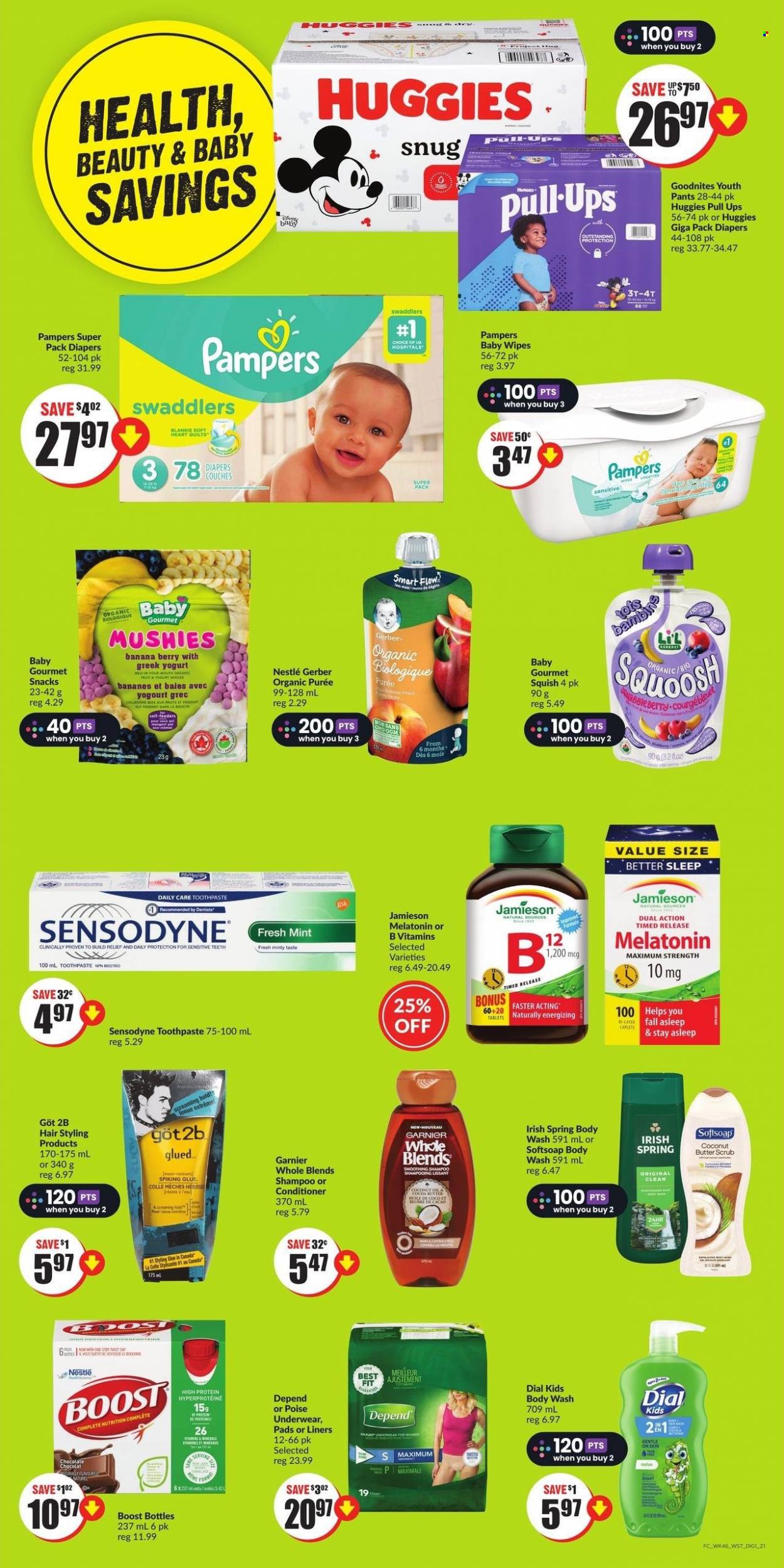 thumbnail - FreshCo. Flyer - March 16, 2023 - March 22, 2023 - Sales products - greek yoghurt, yoghurt, chocolate, snack, Gerber, Boost, wipes, Pampers, pants, baby wipes, nappies, body wash, Softsoap, Dial, toothpaste, sanitary pads, Garnier, Nestlé, shampoo, Huggies, Sensodyne. Page 7.