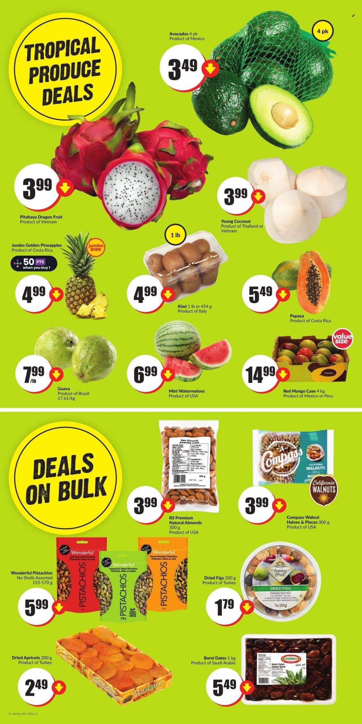 thumbnail - FreshCo. Flyer - March 16, 2023 - March 22, 2023 - Sales products - avocado, figs, guava, pineapple, papaya, coconut, apricots, dragon fruit, honey, almonds, walnuts, peanuts, dried fruit, pistachios, dried figs, Sunny Fruit, kiwi. Page 9.