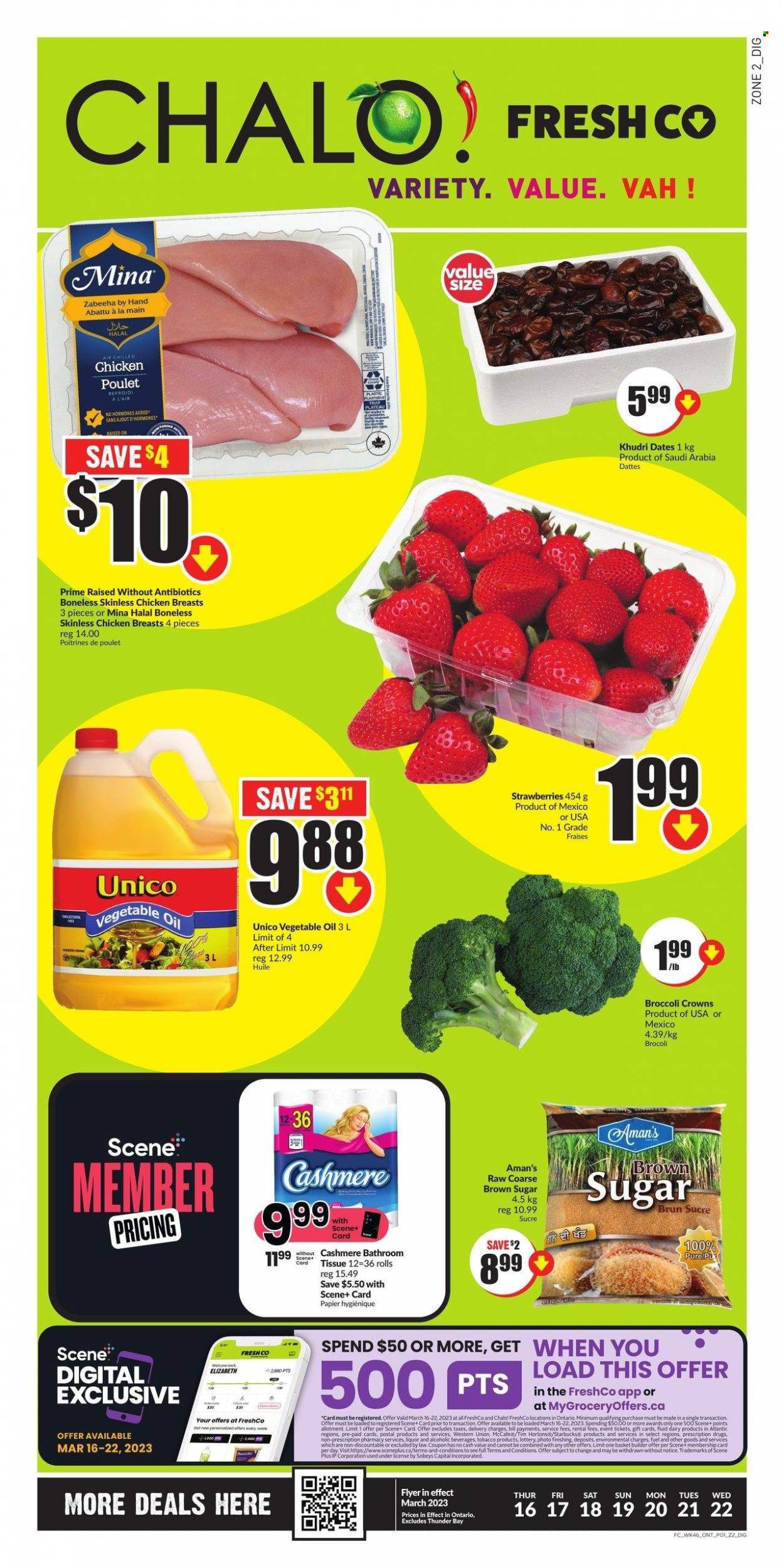 thumbnail - Chalo! FreshCo. Flyer - March 16, 2023 - March 22, 2023 - Sales products - strawberries, cane sugar, Koo, vegetable oil, oil, liquor, chicken breasts, tissues, basket. Page 1.