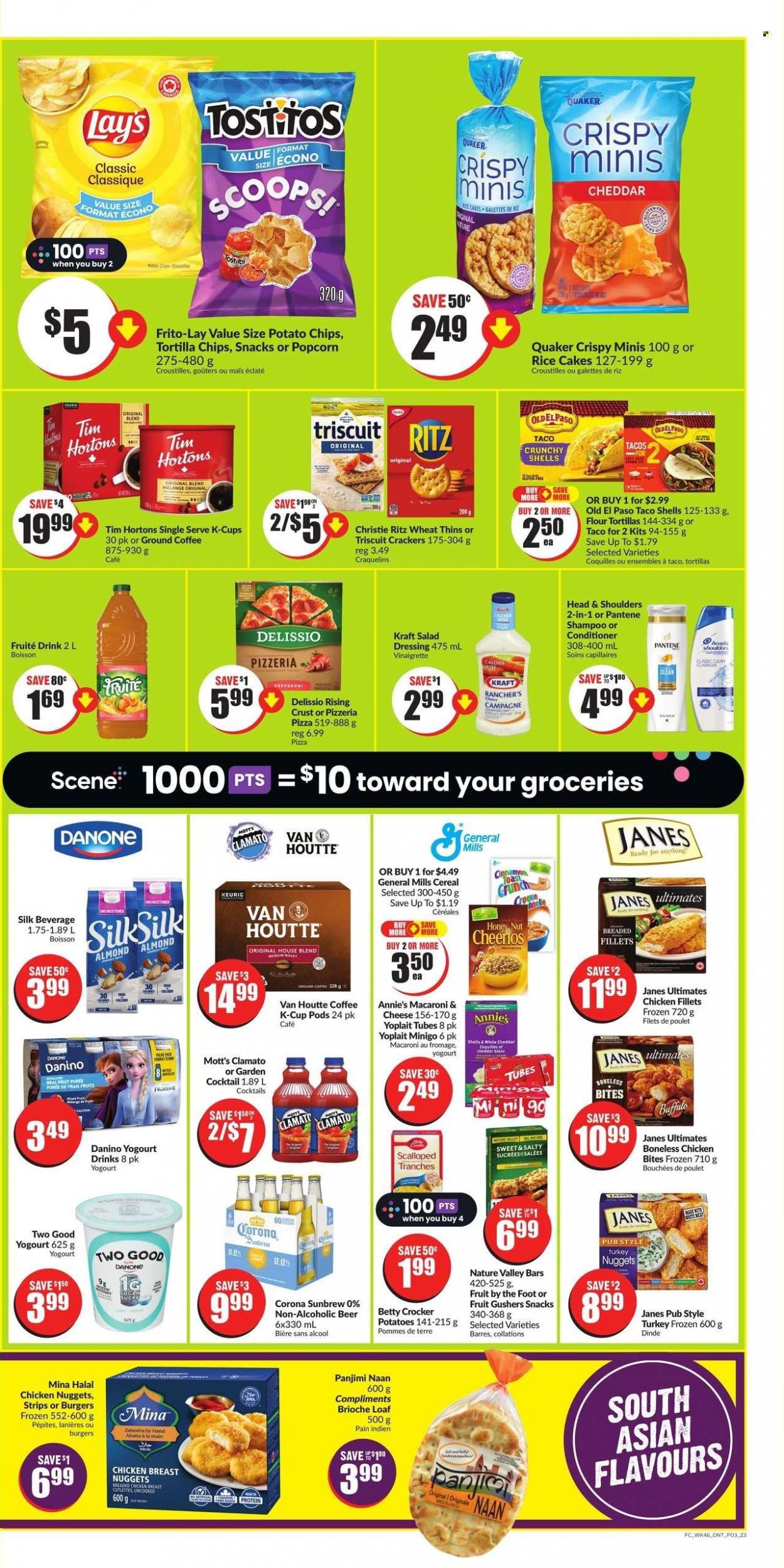 thumbnail - Chalo! FreshCo. Flyer - March 16, 2023 - March 22, 2023 - Sales products - tortillas, cake, Old El Paso, brioche, tacos, flour tortillas, indian bread, rice cakes, snack, Mott's, macaroni & cheese, nuggets, pasta, chicken nuggets, chicken bites, Quaker, Annie's, Kraft®, ready meal, breaded chicken, chicken breasts, yoghurt, Yoplait, Silk, strips, cereal bar, crackers, fruit snack, RITZ, General Mills, bars, tortilla chips, potato chips, Lay’s, Thins, popcorn, Frito-Lay, rice crisps, salty snack, cereals, Cheerios, Nature Valley, salad dressing, dressing, tomato juice, Clamato, vegetable juice, coffee, ground coffee, coffee capsules, K-Cups, Corona Extra, non-alcoholic beer, turkey, chicken fillet, shampoo, Danone. Page 3.