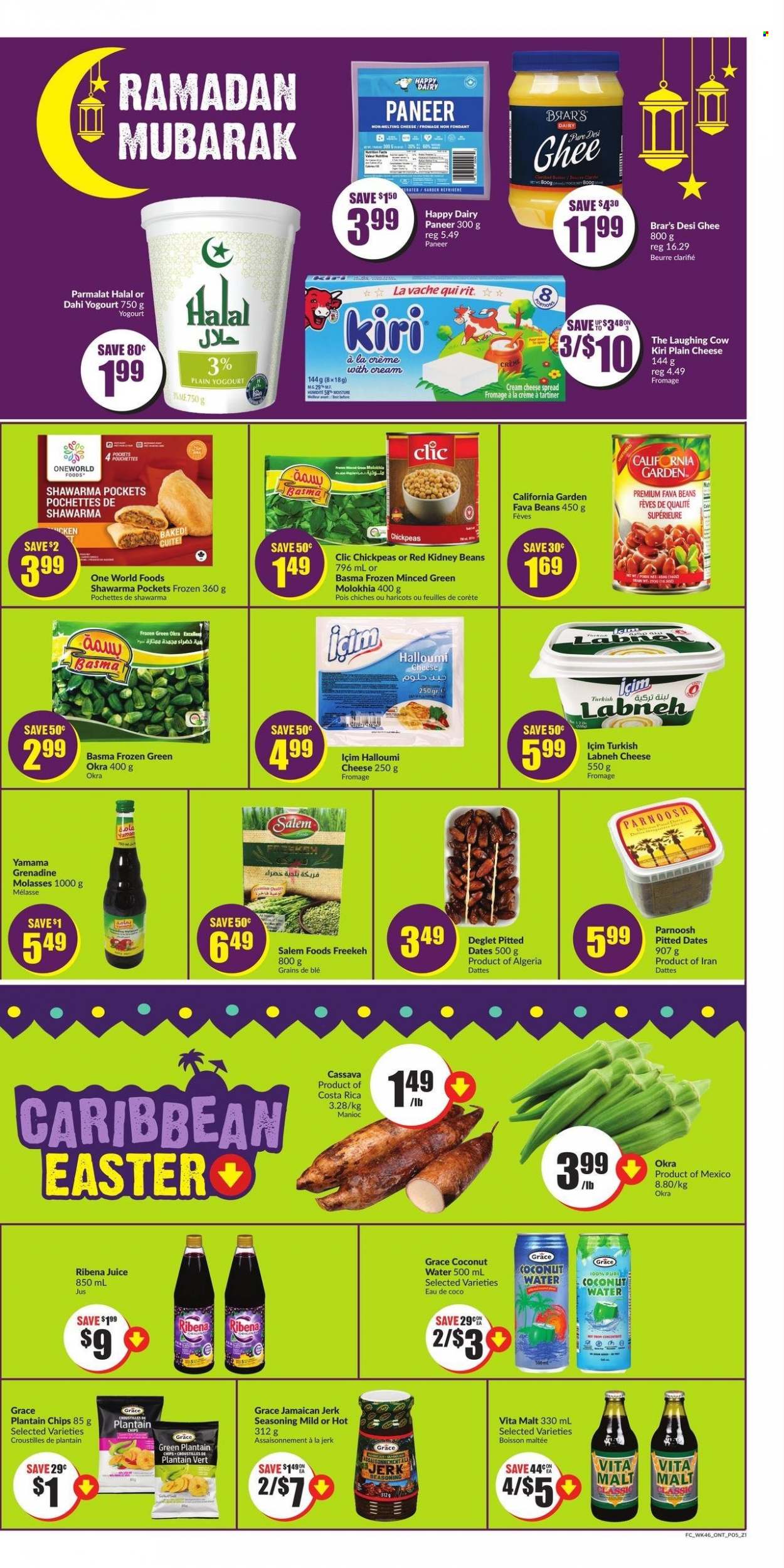 thumbnail - Chalo! FreshCo. Flyer - March 16, 2023 - March 22, 2023 - Sales products - beans, fava beans, okra, cassava, cheese spread, cream cheese, halloumi, paneer, Kiri, labneh, The Laughing Cow, Parmalat, ghee, malt, kidney beans, chickpeas, spice, molasses, dried fruit, dried dates, juice, coconut water, water, grenadine. Page 5.