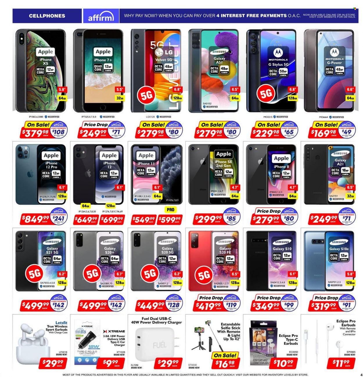 thumbnail - Factory Direct Flyer - March 15, 2023 - March 21, 2023 - Sales products - Apple, Samsung Galaxy, cake, Samsung, iPhone, iPhone 8, mobile phone, iPhone 12, iPhone SE, Samsung Galaxy A, Samsung Galaxy S, Samsung Galaxy S20, Samsung Galaxy A21, Samsung Galaxy A51, Samsung Galaxy S10, Samsung Galaxy S21, iPhone 12 Pro, selfie stick, headphones, earbuds, camera, LG, Motorola, iPhone 7, iPhone XS. Page 4.