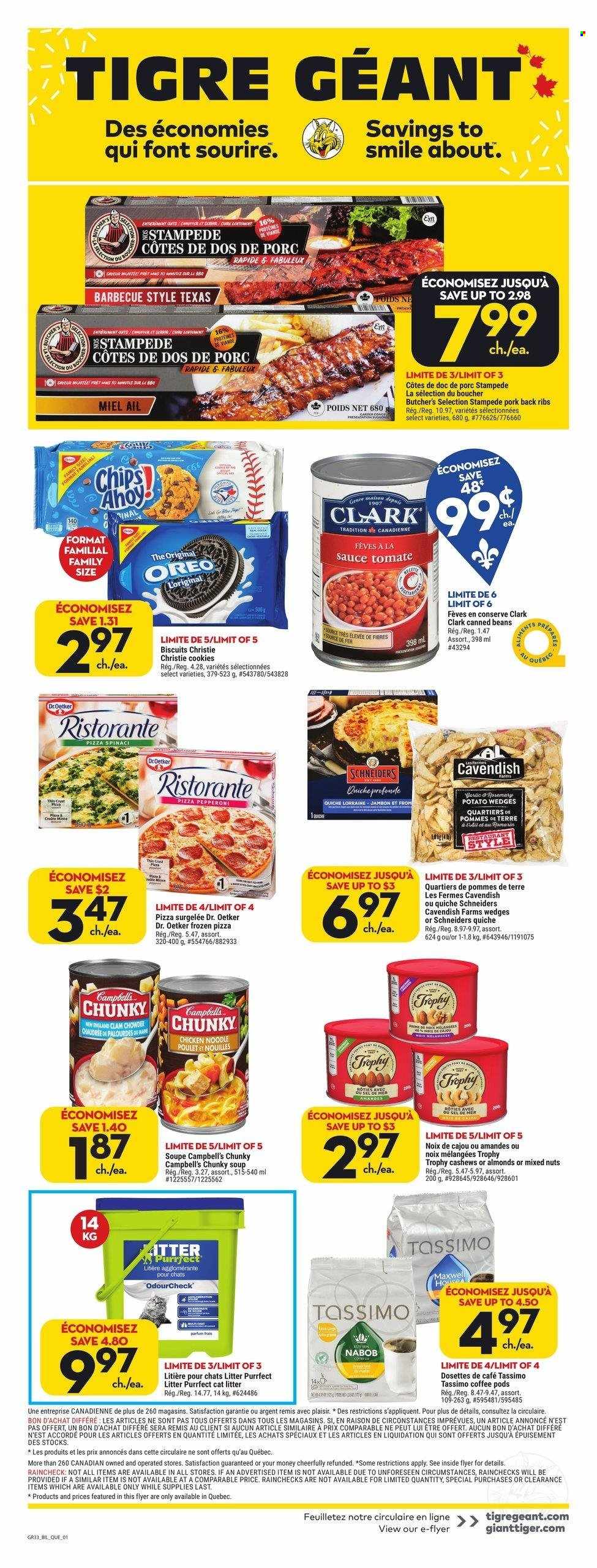thumbnail - Giant Tiger Flyer - March 15, 2023 - March 21, 2023 - Sales products - Campbell's, pizza, soup, sauce, noodles, pepperoni, Dr. Oetker, potato wedges, quiche, cookies, biscuit, clam chowder, almonds, cashews, mixed nuts, coffee, coffee pods, ribs, pork meat, pork ribs, pork back ribs, eau de parfum, cat litter, Vans, Oreo. Page 1.