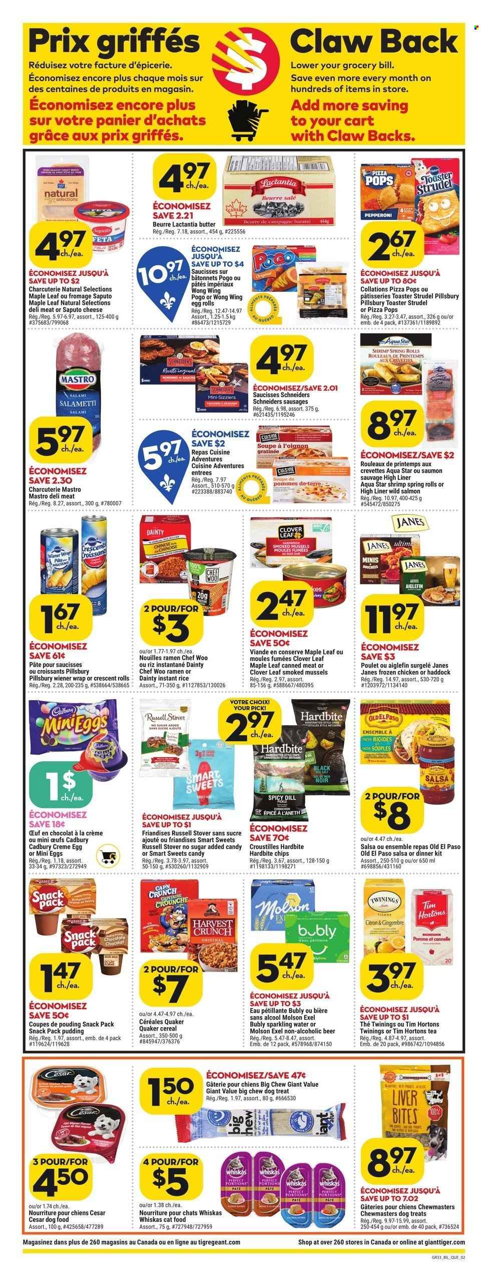 Giant Tiger Flyer - March 15, 2023 - March 21, 2023 - Sales products - croissant, strudel, Old El Paso, crescent rolls, mussel, haddock, shrimps, ramen, pizza, egg rolls, Pillsbury, spring rolls, dinner kit, Quaker, salami, sausage, pepperoni, feta cheese, pudding, Clover, chocolate chips, Cadbury, cereals, rice, dill, salsa, sparkling water, water, tea, Twinings, beer, chicken, animal food, cat food, dog food, cart, Whiskas. Page 3.
