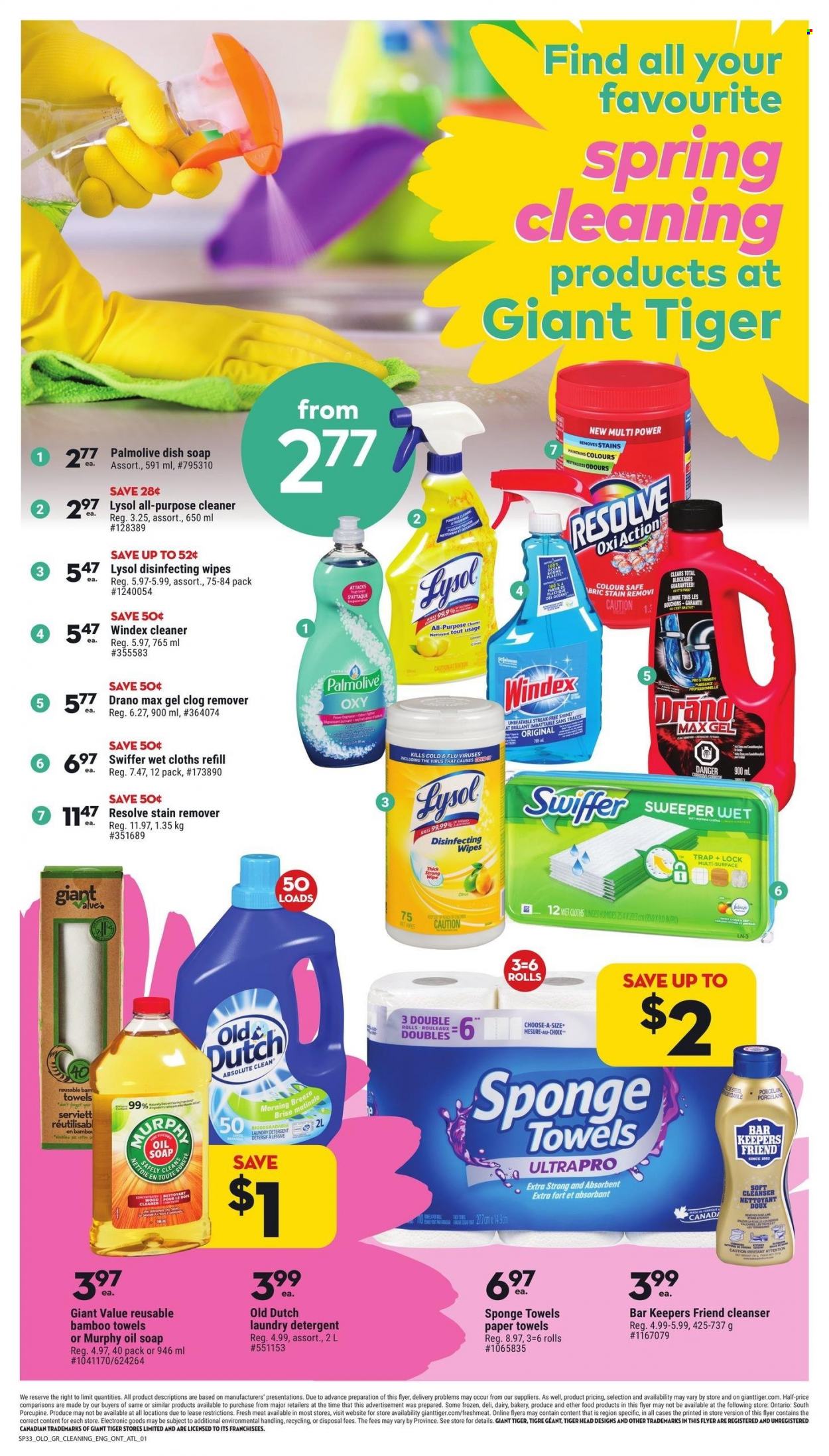 Giant Tiger Flyer - March 15, 2023 - March 21, 2023 - Sales products - wipes, kitchen towels, paper towels, Windex, cleaner, stain remover, Lizol, Swiffer, laundry detergent, Palmolive, soap, cleanser, Absolute, sponge, detergent. Page 5.