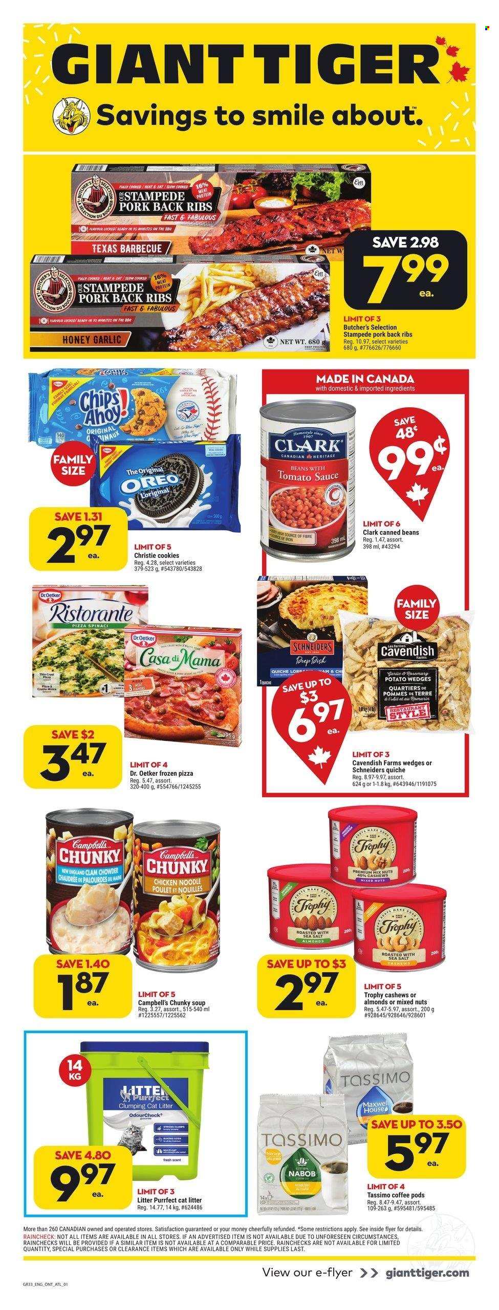 thumbnail - Giant Tiger Flyer - March 15, 2023 - March 21, 2023 - Sales products - Campbell's, pizza, soup, noodles, Dr. Oetker, potato wedges, quiche, cookies, tomato sauce, clam chowder, honey, almonds, cashews, mixed nuts, Maxwell House, coffee, coffee pods, ribs, pork meat, pork ribs, pork back ribs, cat litter, Oreo. Page 1.