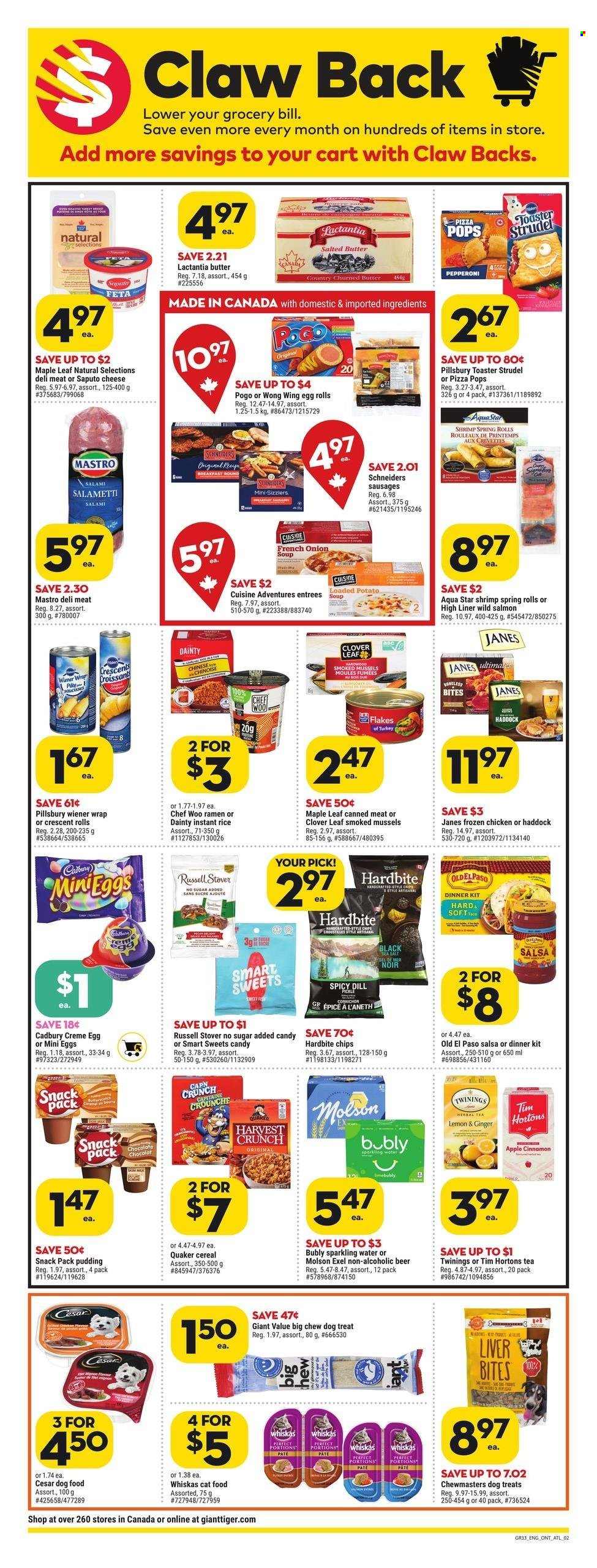 thumbnail - Giant Tiger Flyer - March 15, 2023 - March 21, 2023 - Sales products - Old El Paso, crescent rolls, mussels, haddock, shrimps, ramen, pizza, onion soup, soup, egg rolls, Pillsbury, spring rolls, dinner kit, Quaker, salami, sausage, pepperoni, feta, pudding, Clover, salted butter, Cadbury, cereals, rice, dill, cinnamon, salsa, sparkling water, water, tea, herbal tea, Twinings, beer, chicken, animal food, cat food, dog food, cart, Whiskas. Page 2.