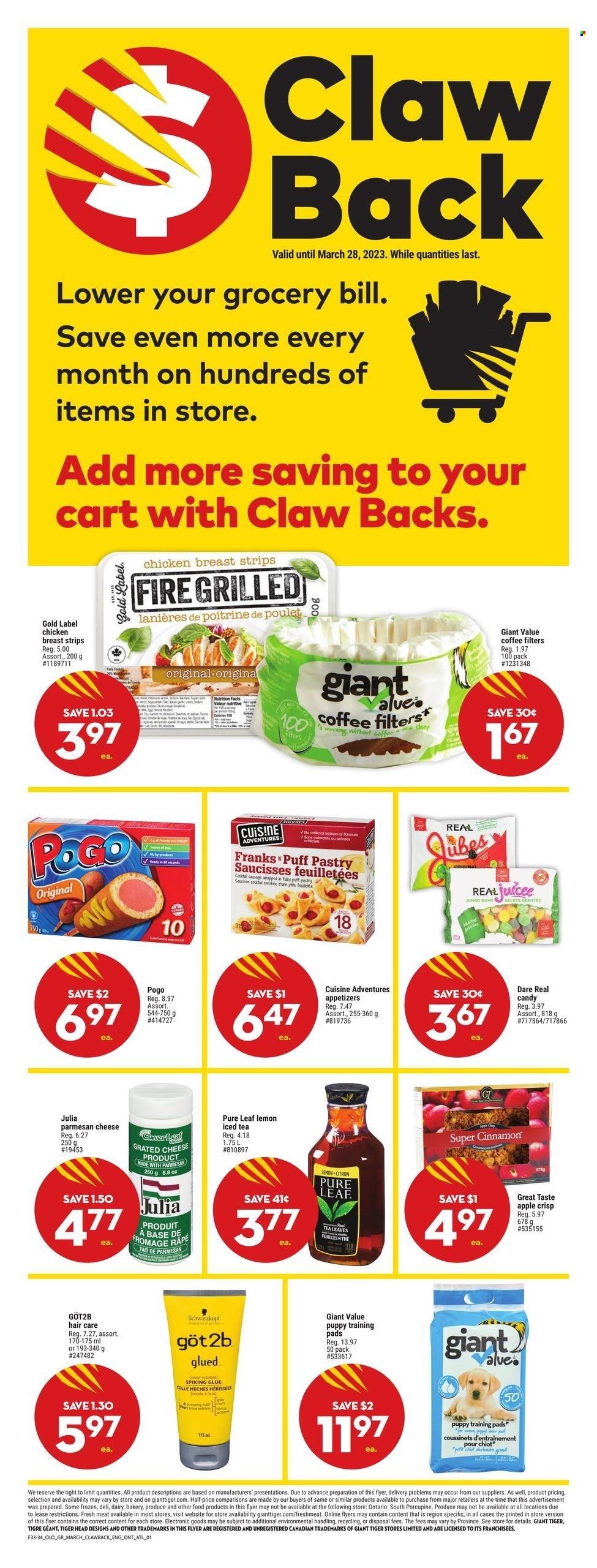 Giant Tiger Flyer - March 15, 2023 - March 21, 2023 - Sales products - sausage, cheese, grated cheese, puff pastry, strips, cinnamon, ice tea, water, Pure Leaf, chicken, glue, training pet pads, training pads, cart, Schwarzkopf. Page 3.