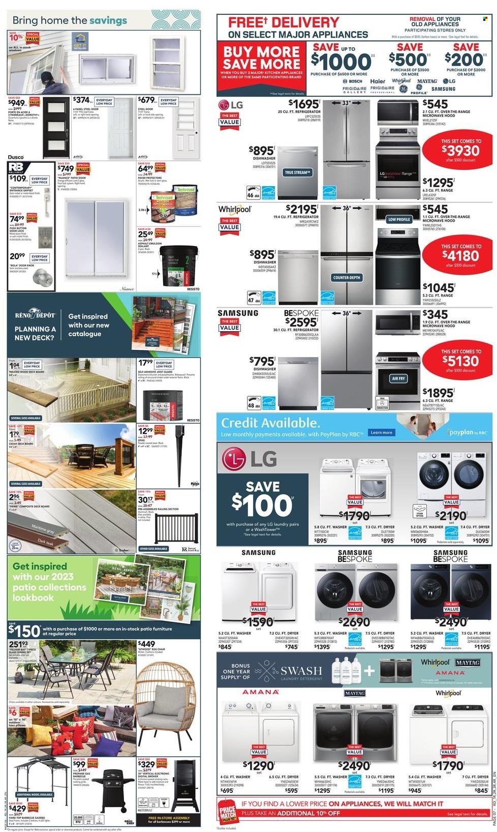 thumbnail - Réno-Dépôt Flyer - March 16, 2023 - March 22, 2023 - Sales products - chair, Bosch, Amana, Whirlpool, refrigerator, fridge, microwave, dishwasher, Maytag, washing machine, patio furniture, steel door, Acer, Haier. Page 6.