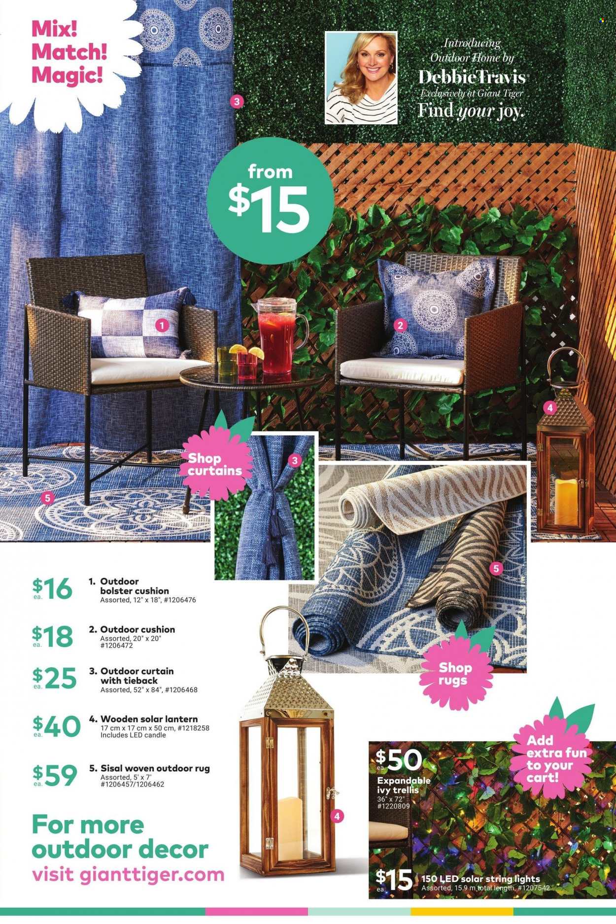 thumbnail - Giant Tiger Flyer - March 15, 2023 - April 04, 2023 - Sales products - Joy, candle, cushion, curtain, lantern, solar string, string lights, rug, cart. Page 5.