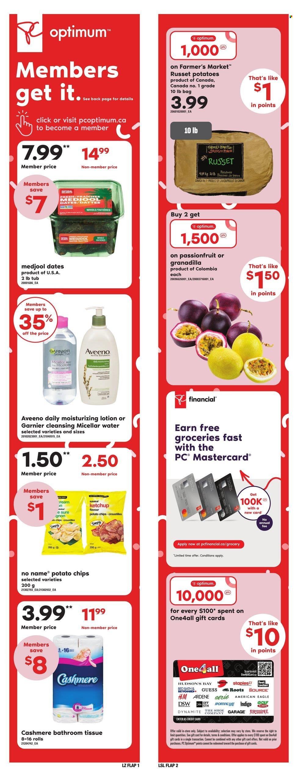 thumbnail - Loblaws Flyer - March 16, 2023 - March 22, 2023 - Sales products - russet potatoes, No Name, potato chips, chips, dried dates, water, Aveeno, bath tissue, micellar water, body lotion, Sure, Guess, Optimum, Garnier, ketchup. Page 15.