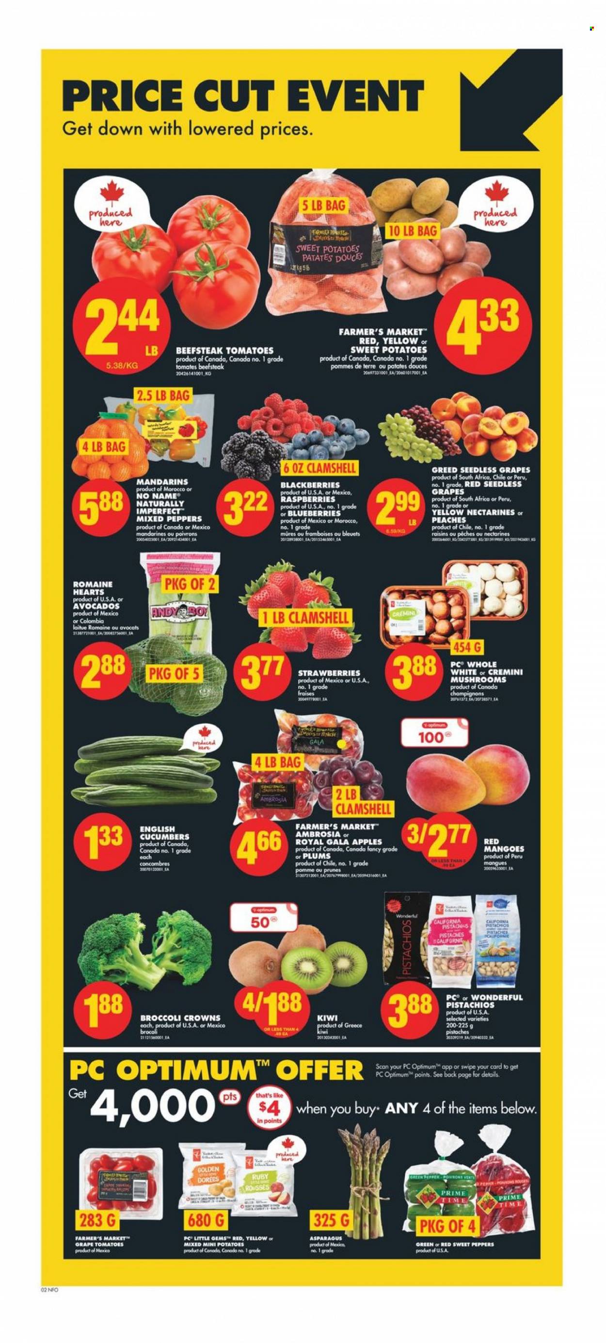 thumbnail - No Frills Flyer - March 16, 2023 - March 22, 2023 - Sales products - mushrooms, asparagus, cucumber, sweet peppers, sweet potato, tomatoes, potatoes, peppers, apples, avocado, blackberries, blueberries, Gala, mandarines, mango, nectarines, seedless grapes, strawberries, plums, peaches, No Name, prunes, dried fruit, pistachios, Optimum, kiwi. Page 2.