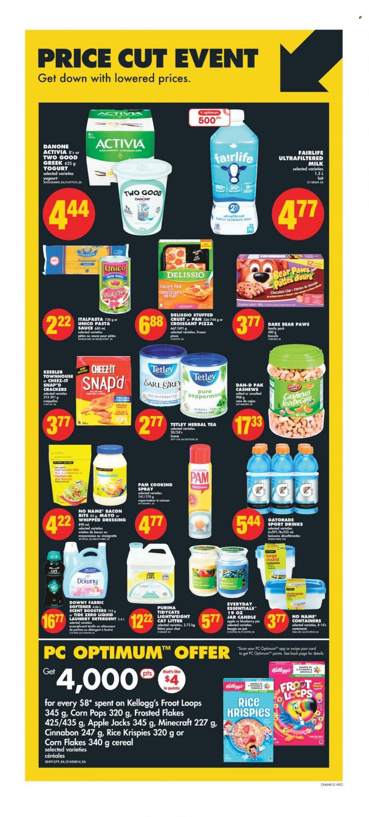 thumbnail - No Frills Flyer - March 16, 2023 - March 22, 2023 - Sales products - pie, croissant, No Name, pizza, pasta sauce, sauce, bacon bits, yoghurt, Activia, milk, mayonnaise, chocolate chips, crackers, Kellogg's, biscuit, Keebler, Cheez-It, cereals, corn flakes, Rice Krispies, Frosted Flakes, Corn Pops, Dan-D Pak, vinaigrette dressing, dressing, cooking spray, cashews, Gatorade, tea, herbal tea, Tide, fabric softener, laundry detergent, scent booster, Downy Laundry, pan, candle, cat litter, Paws, Purina, Optimum, Minecraft, detergent, Danone. Page 5.