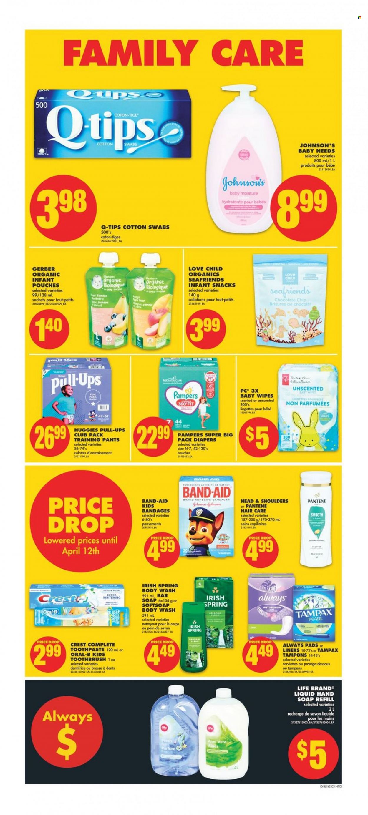 thumbnail - No Frills Flyer - March 16, 2023 - March 22, 2023 - Sales products - chocolate chips, snack, Gerber, wipes, Pampers, pants, baby wipes, nappies, Johnson's, baby pants, body wash, Softsoap, hand soap, soap bar, soap, toothbrush, toothpaste, Crest, Always pads, sanitary pads, tampons, Head & Shoulders, Pantene, eau de parfum, serviettes, band-aid, Tampax, Huggies, Oral-B. Page 7.