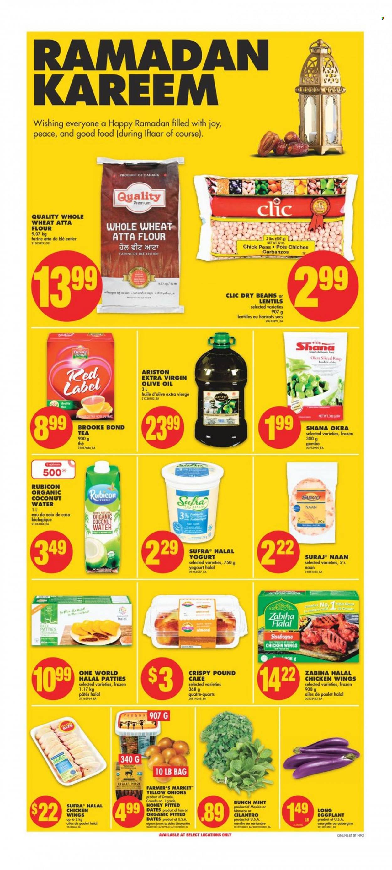 thumbnail - No Frills Flyer - March 16, 2023 - March 22, 2023 - Sales products - cake, pound cake, beans, peas, okra, eggplant, yoghurt, chicken wings, flour, lentils, dry beans, cilantro, extra virgin olive oil, olive oil, oil, honey, dried fruit, dried dates, coconut water, water, tea, chicken, Joy, Optimum. Page 1.