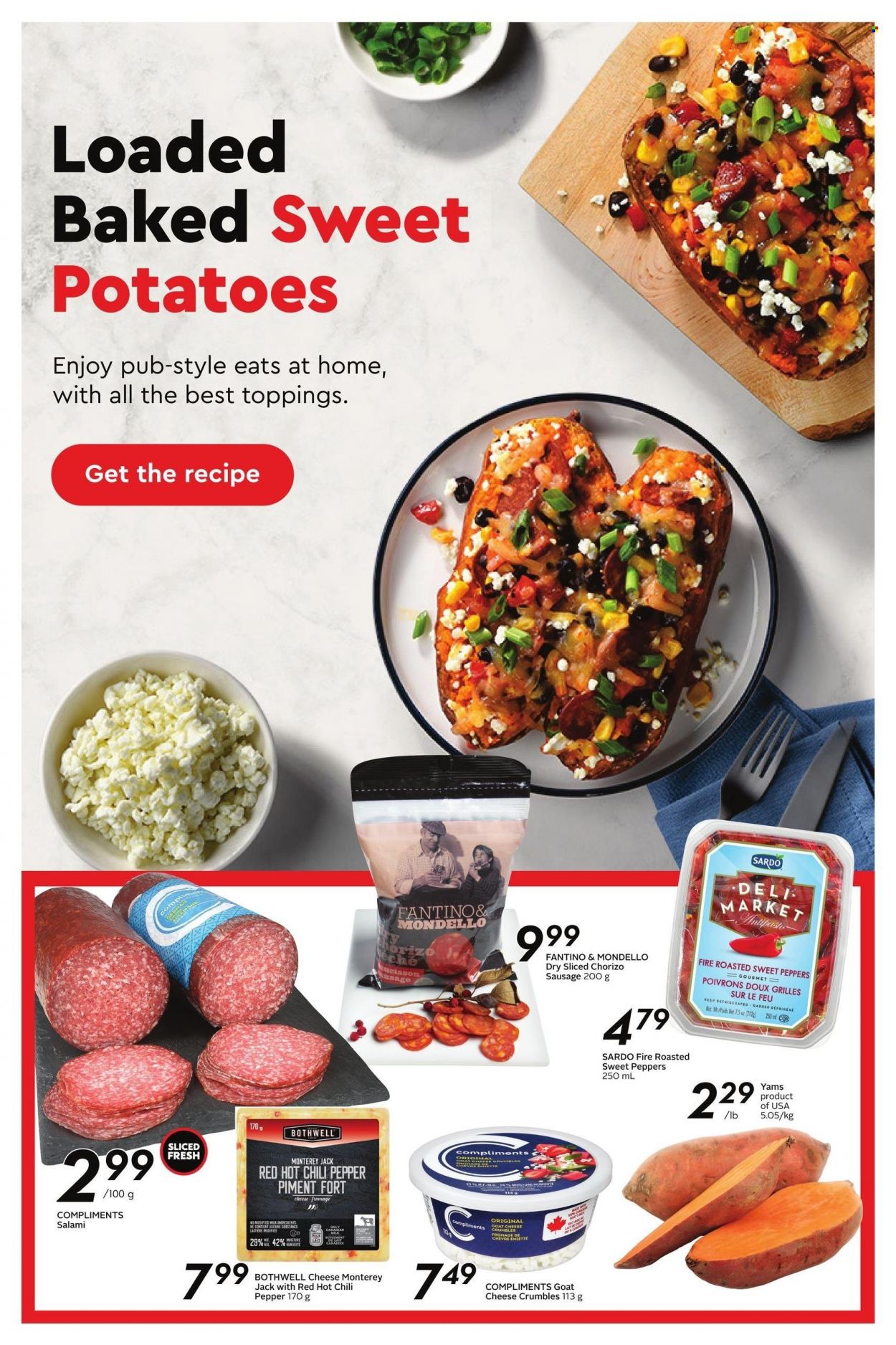 thumbnail - Sobeys Flyer - March 16, 2023 - March 22, 2023 - Sales products - sweet peppers, sweet potato, potatoes, salami, chorizo, sausage, goat cheese, Monterey Jack cheese, cheese, cheese crumbles, pepper. Page 5.