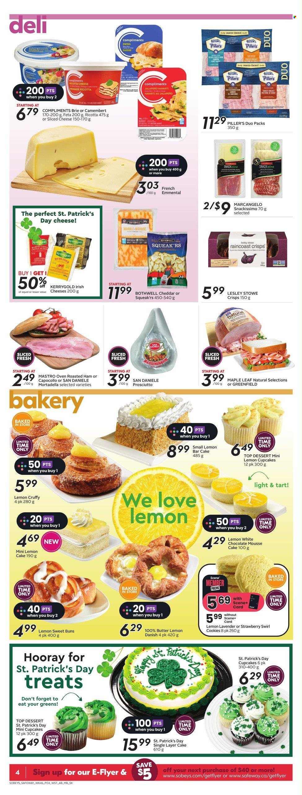 thumbnail - Sobeys Flyer - March 16, 2023 - March 22, 2023 - Sales products - tart, buns, cupcake, jalapeño, mortadella, ham, sliced cheese, Havarti, cheddar, cheese, brie, feta, butter, cookies, chocolate, snack, camembert, ricotta. Page 6.