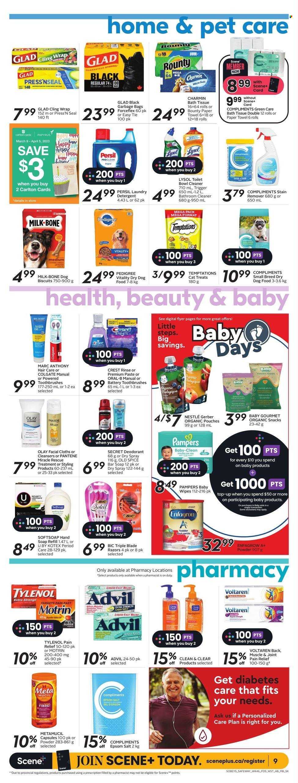 thumbnail - Sobeys Flyer - March 16, 2023 - March 22, 2023 - Sales products - milk, snack, Bounty, Gerber, spice, wipes, Pampers, baby wipes, bath tissue, paper towels, Charmin, cleaner, stain remover, Lysol, Persil, laundry detergent, Softsoap, soap bar, soap, Crest, Kotex, Olay, Clean & Clear, Pantene, anti-perspirant, BIC, animal food, dry dog food, animal treats, dog food, dog biscuits, Pedigree, pain relief, Tylenol, argan oil, Advil Rapid, Metamucil, Motrin, detergent, Colgate, Nestlé, Old Spice, Oral-B, deodorant. Page 15.