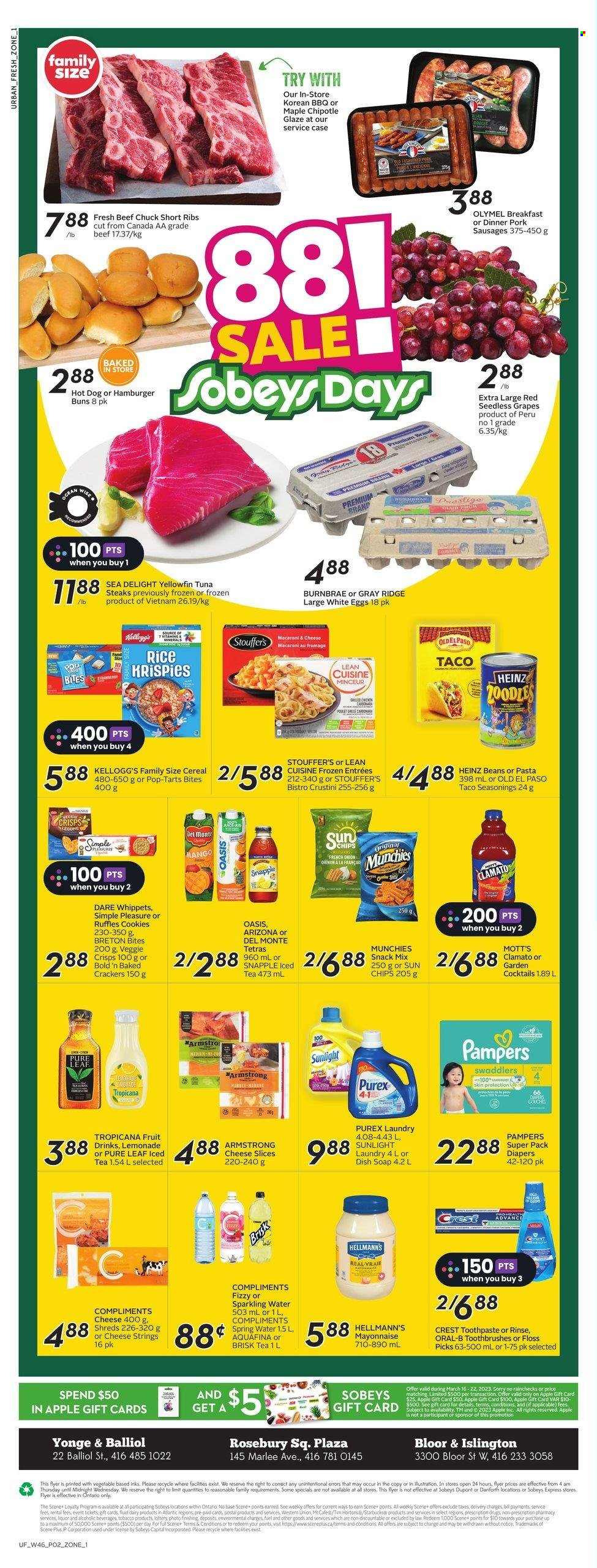 thumbnail - Sobeys Urban Fresh Flyer - March 16, 2023 - March 22, 2023 - Sales products - buns, Old El Paso, burger buns, beans, grapes, mango, seedless grapes, Mott's, tuna, macaroni & cheese, hot dog, Lean Cuisine, sausage, sliced cheese, eggs, mayonnaise, Hellmann’s, Stouffer's, cookies, snack, crackers, Kellogg's, Pop-Tarts, Ruffles, Del Monte, cereals, Rice Krispies, lemonade, ice tea, Clamato, AriZona, Snapple, Aquafina, spring water, sparkling water, water, Pure Leaf, Starbucks, McCafe, liquor, beef ribs, steak, ribs, Pampers, nappies, Sunlight, Purex, soap, toothpaste, Crest, Heinz, Oral-B. Page 2.