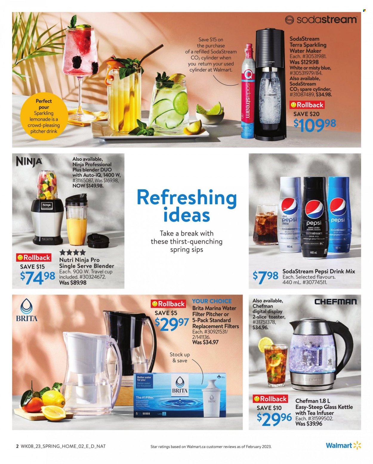 thumbnail - Walmart Flyer - March 16, 2023 - April 12, 2023 - Sales products - kettle, lemonade, Pepsi, water, tea, pitcher, SodaStream, cup, tea infuser, water filter, Chefman, water maker, blender, toaster. Page 2.