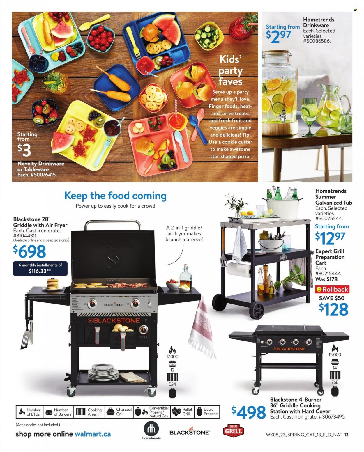thumbnail - Walmart Flyer - March 16, 2023 - April 12, 2023 - Sales products - pizza, hamburger, drinkware, tableware, cutter, air fryer, grill, pellet grill. Page 13.
