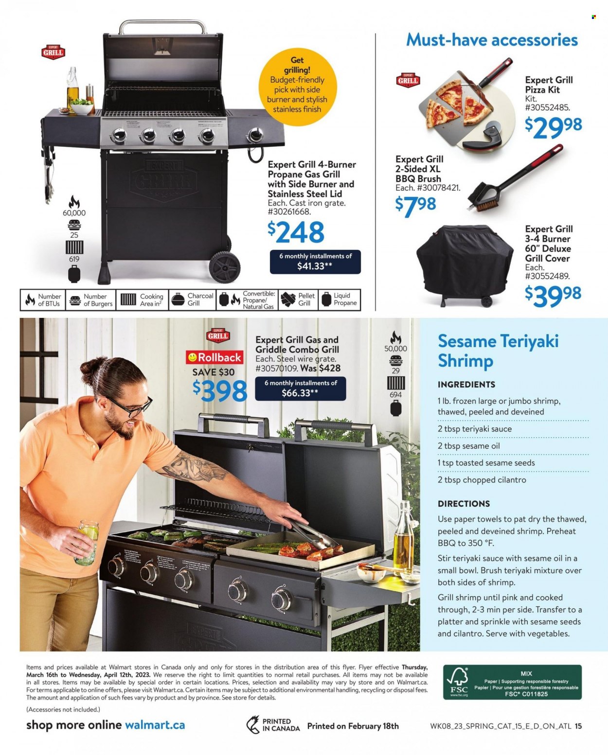 thumbnail - Walmart Flyer - March 16, 2023 - April 12, 2023 - Sales products - shrimps, pizza, hamburger, cilantro, teriyaki sauce, kitchen towels, paper towels, lid, platters, gas grill, grill, pellet grill. Page 15.