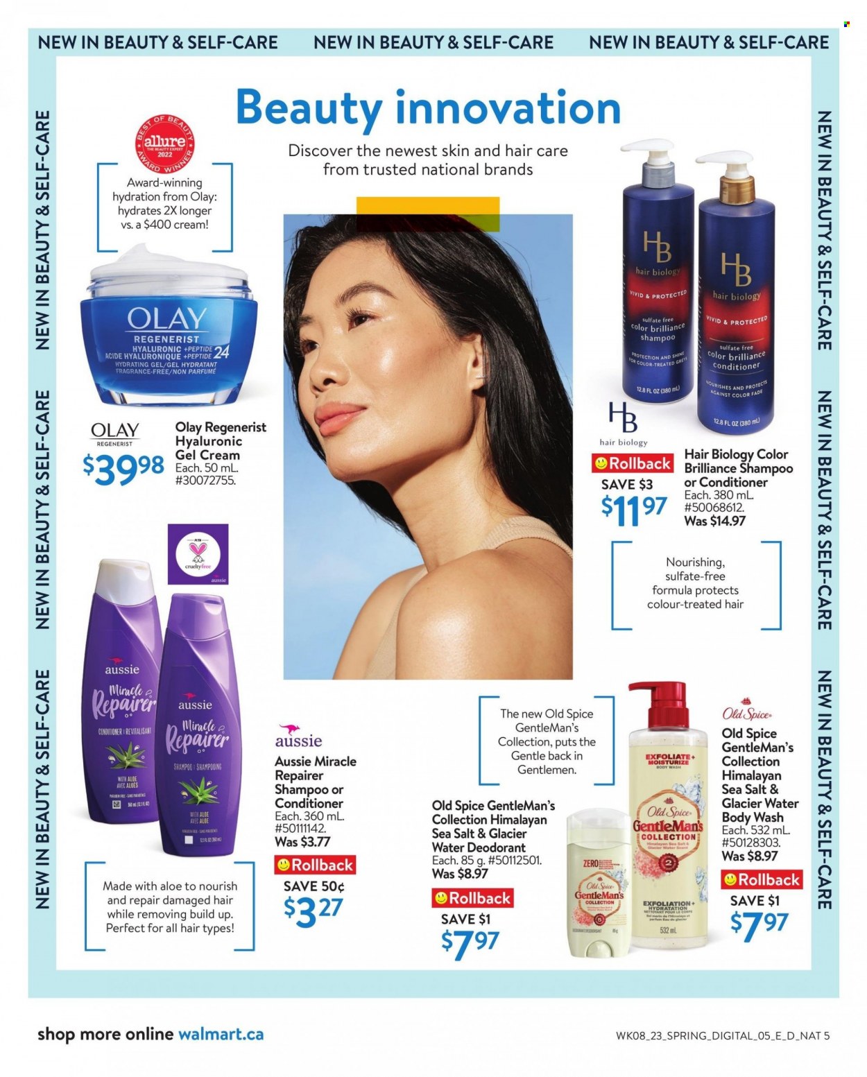 thumbnail - Walmart Flyer - March 16, 2023 - April 12, 2023 - Sales products - sea salt, spice, water, body wash, gel cream, Olay, Aussie, conditioner, anti-perspirant, fragrance, shampoo, Old Spice, deodorant. Page 36.