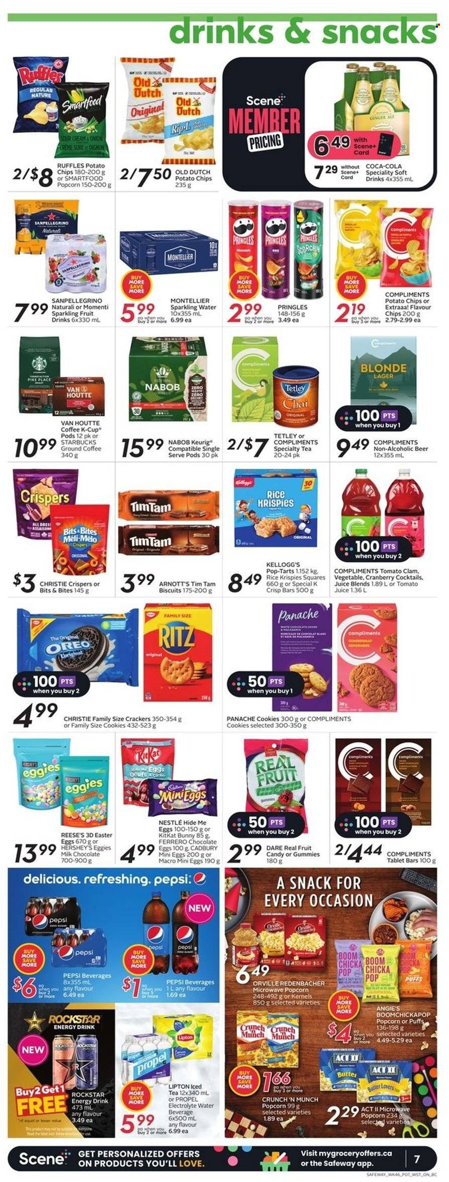 thumbnail - Safeway Flyer - March 16, 2023 - March 22, 2023 - Sales products - puffs, onion, clams, sour cream, Reese's, Hershey's, cookies, milk chocolate, chocolate, easter egg, KitKat, crackers, Tim Tam, Kellogg's, biscuit, Cadbury, Pop-Tarts, chocolate egg, RITZ, potato chips, Pringles, chips, Smartfood, popcorn, Ruffles, Rice Krispies, Coca-Cola, ginger ale, tomato juice, Pepsi, juice, energy drink, ice tea, soft drink, Rockstar, sparkling water, water, coffee, ground coffee, coffee capsules, Starbucks, K-Cups, Keurig, beer, Lager, Sure, Nestlé, Oreo, Lipton, Ferrero Rocher. Page 12.