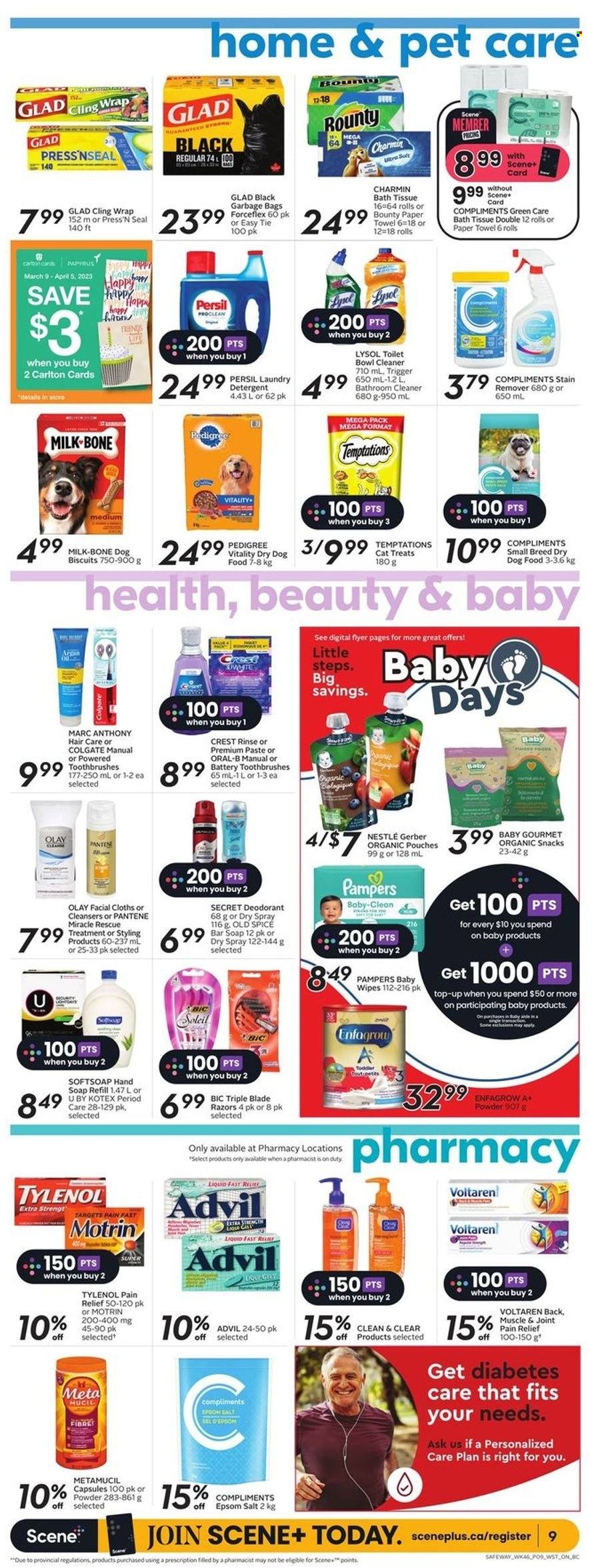 thumbnail - Safeway Flyer - March 16, 2023 - March 22, 2023 - Sales products - milk, snack, Bounty, Gerber, spice, wipes, Pampers, baby wipes, bath tissue, paper towels, Charmin, cleaner, stain remover, Lysol, Persil, laundry detergent, Softsoap, hand soap, soap bar, soap, Crest, Kotex, Olay, Clean & Clear, Pantene, anti-perspirant, BIC, animal food, animal treats, dog food, dog biscuits, Pedigree, dry dog food, pain relief, Tylenol, Advil Rapid, Metamucil, Motrin, detergent, Colgate, Nestlé, Old Spice, Oral-B, deodorant. Page 14.