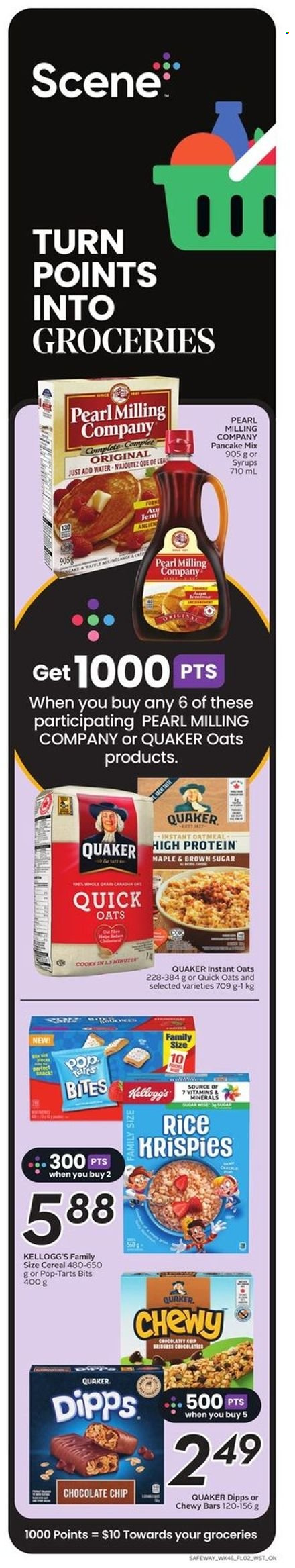 thumbnail - Safeway Flyer - March 16, 2023 - March 22, 2023 - Sales products - pancakes, Quaker, chocolate chips, snack, Kellogg's, Pop-Tarts, cane sugar, oatmeal, oats, cereals, Rice Krispies, Quick Oats, water, chard. Page 21.