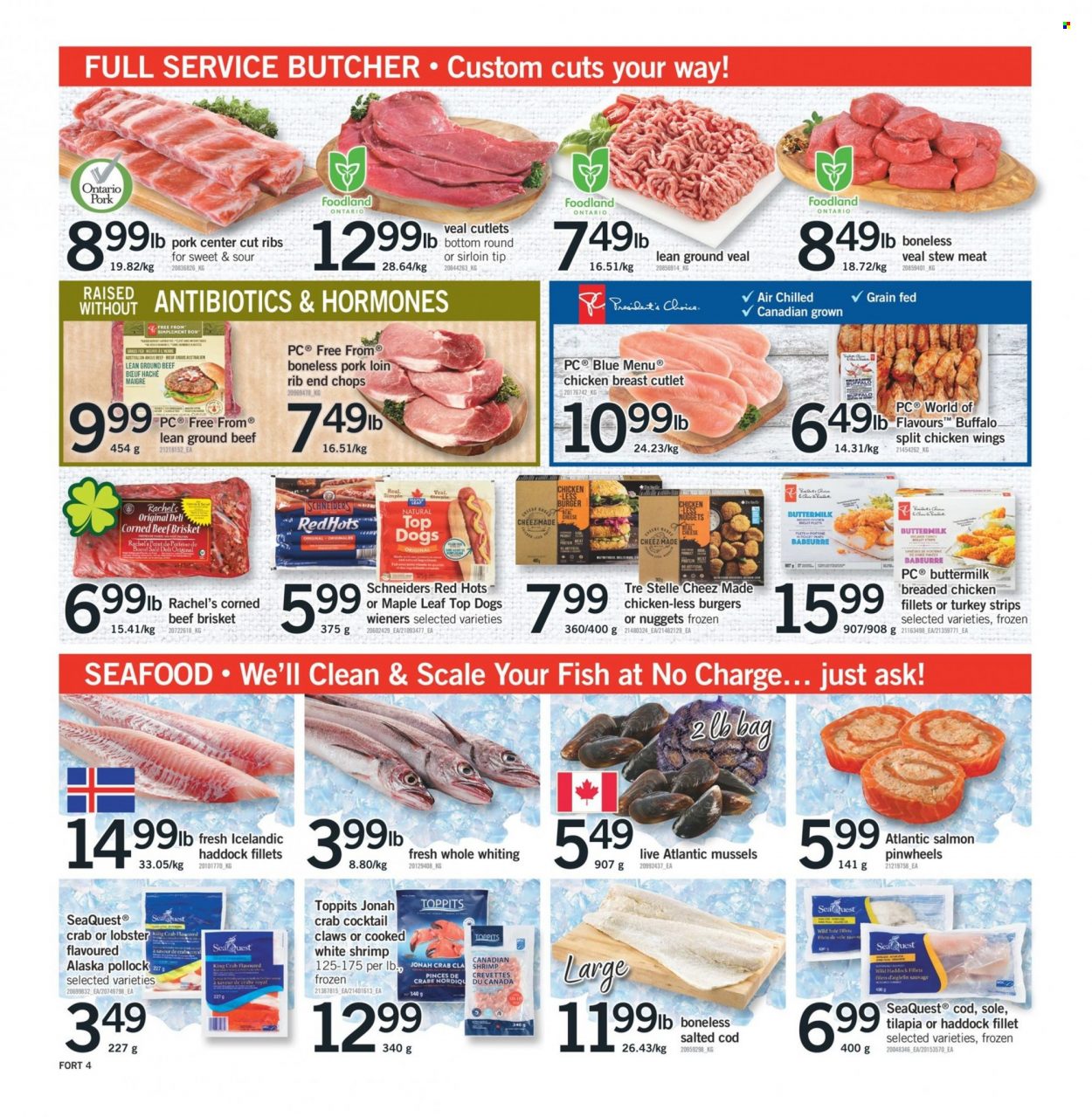 thumbnail - Fortinos Flyer - March 16, 2023 - March 22, 2023 - Sales products - stew meat, scale, cod, lobster, mussels, salmon, tilapia, haddock, king crab, pollock, seafood, crab, fish, shrimps, whiting, nuggets, hamburger, fried chicken, brisket, corned beef, cheese, buttermilk, chicken wings, strips, rice, chicken breasts, chicken, beef meat, ground beef, ground veal, veal cutlet, veal meat, beef brisket, ribs, pork loin, pork meat. Page 5.