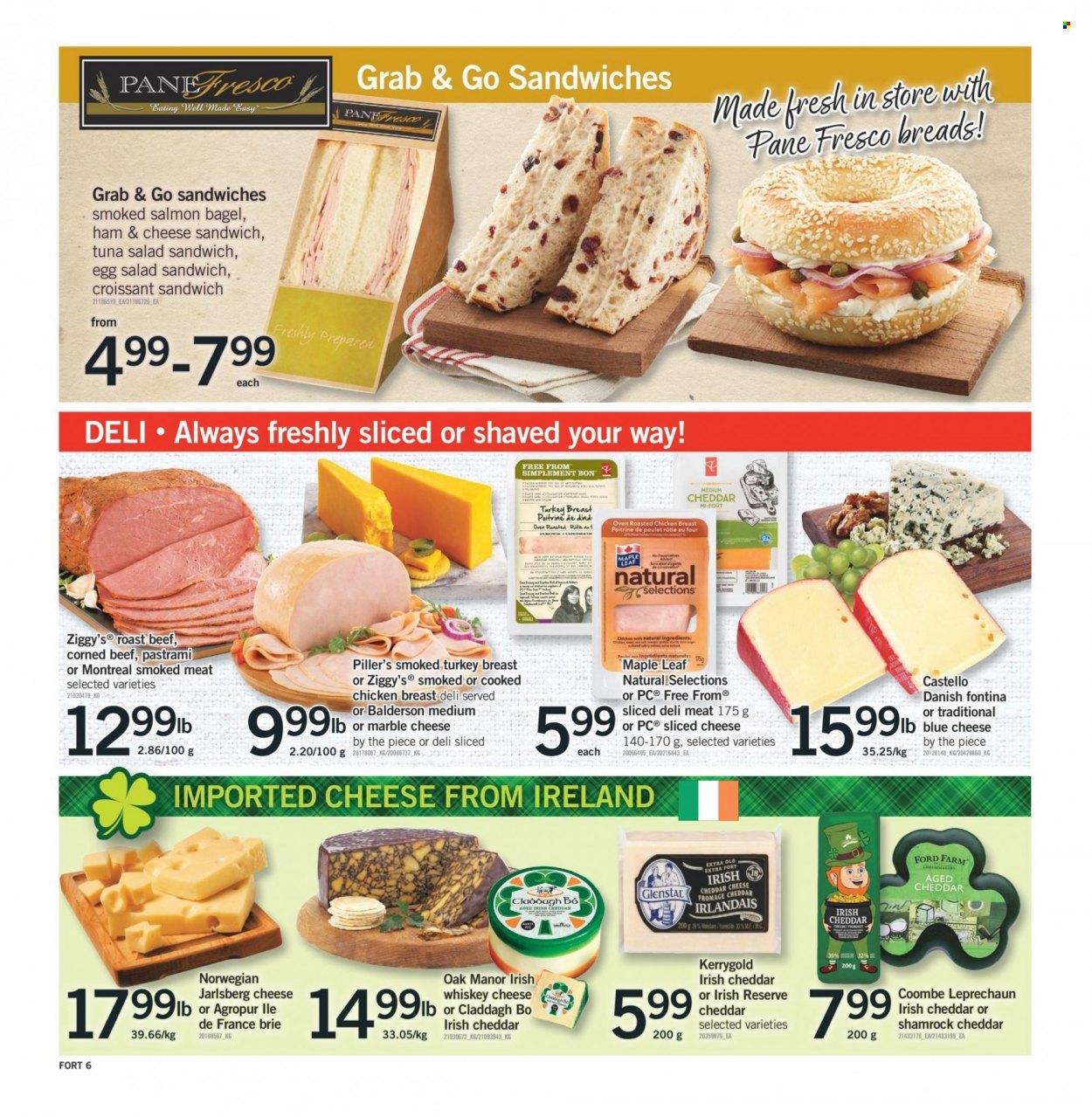 thumbnail - Fortinos Flyer - March 16, 2023 - March 22, 2023 - Sales products - bagels, croissant, salmon, smoked salmon, chicken roast, sandwich, croissant sandwich, roast, ham, pastrami, tuna salad sandwich, corned beef, blue cheese, Fontina, sliced cheese, cheddar, brie, whiskey, irish whiskey, whisky, chicken breasts, chicken, beef meat, roast beef. Page 7.