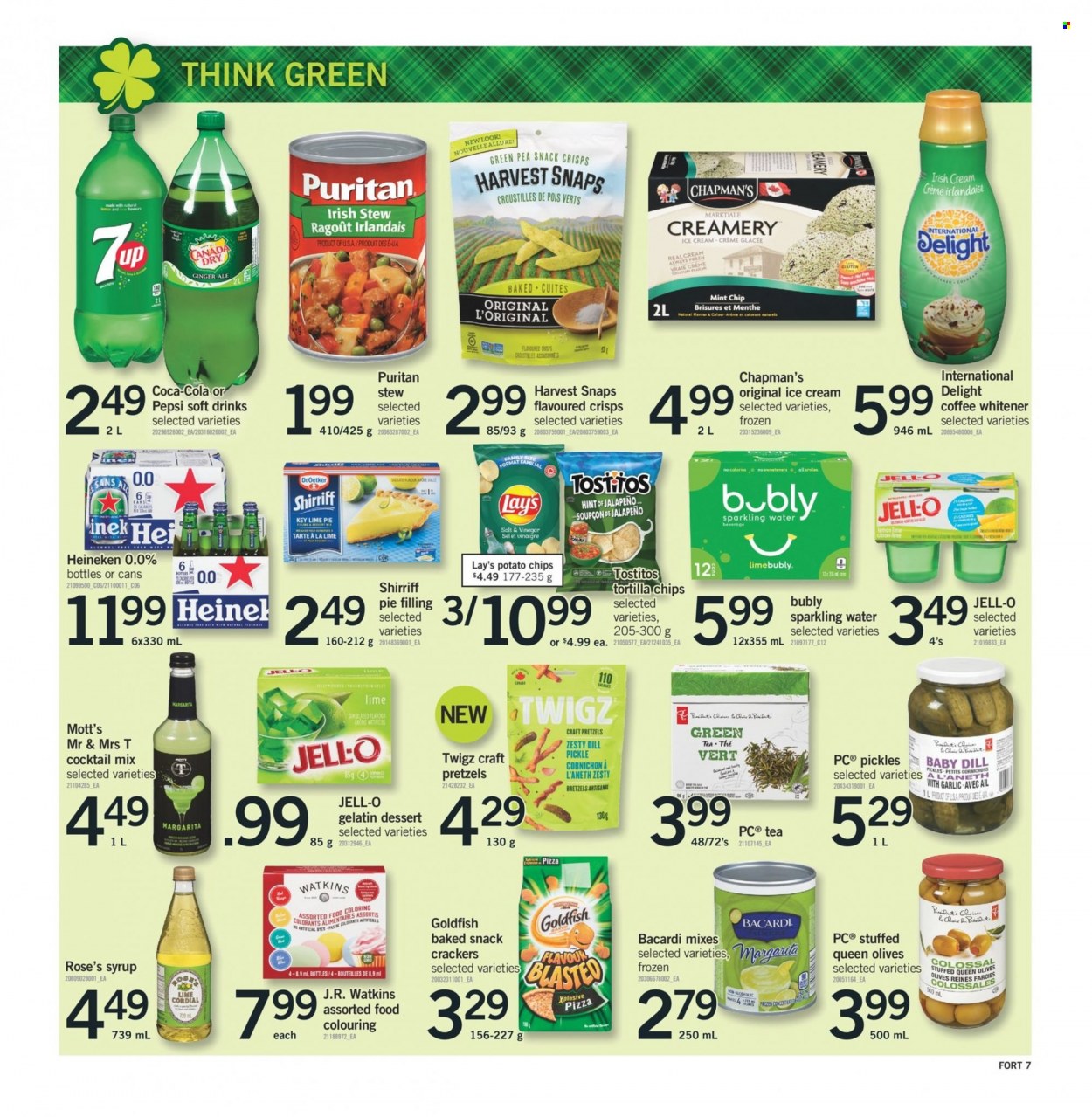 thumbnail - Fortinos Flyer - March 16, 2023 - March 22, 2023 - Sales products - pretzels, jalapeño, Mott's, pizza, Dr. Oetker, Président, coffee whitener, ice cream, snack, crackers, dill pickle, tortilla chips, potato chips, Lay’s, Goldfish, Tostitos, pie filling, Jell-O, Harvest Snaps, pickles, dill, syrup, Coca-Cola, ginger ale, Pepsi, soft drink, 7UP, sparkling water, water, green tea, tea, Bacardi, irish cream, beer, Heineken, olives. Page 8.
