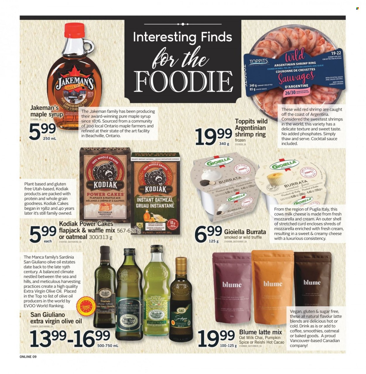 thumbnail - Fortinos Flyer - March 16, 2023 - March 22, 2023 - Sales products - cake, shrimps, sauce, cheese, curd, buttermilk, oat milk, truffles, cane sugar, oatmeal, spice, cocktail sauce, extra virgin olive oil, oil, maple syrup, syrup, smoothie, coffee, Hill's, mozzarella. Page 9.