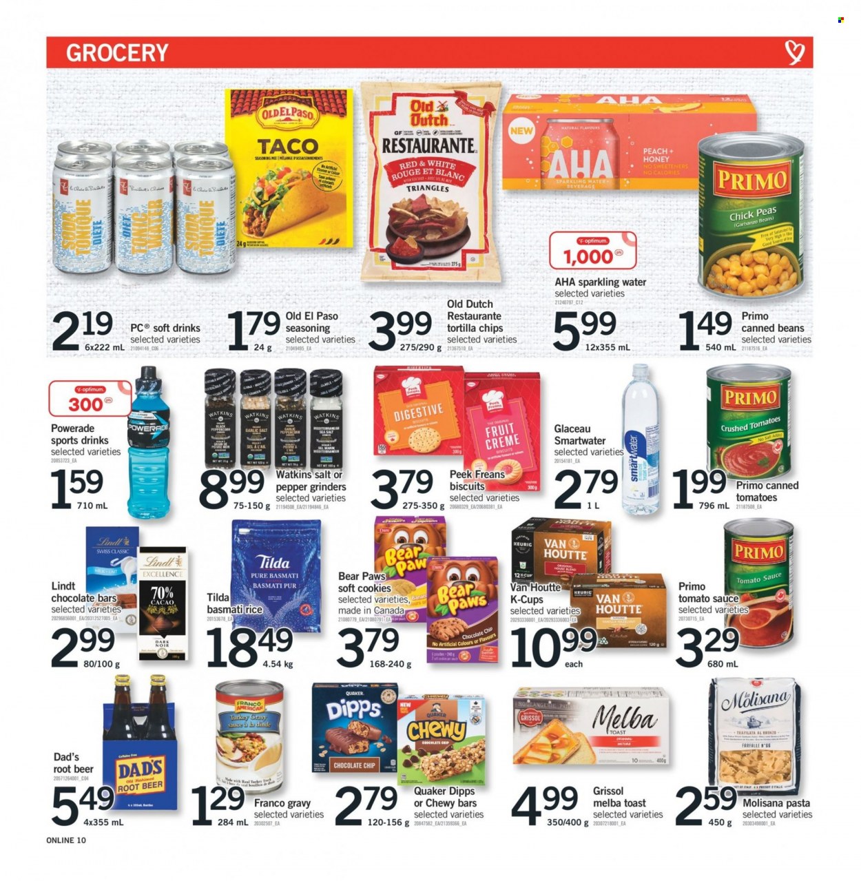 thumbnail - Fortinos Flyer - March 16, 2023 - March 22, 2023 - Sales products - pie, Old El Paso, beans, garlic, tomatoes, peas, pasta, sauce, Quaker, milk, cookies, chocolate chips, biscuit, Digestive, chocolate bar, tortilla chips, chips, crushed tomatoes, tomato sauce, basmati rice, rice, spice, honey, Powerade, soft drink, sparkling water, Smartwater, water, coffee capsules, K-Cups, Keurig, beer, Paws, Optimum, grinder, Lindt. Page 10.
