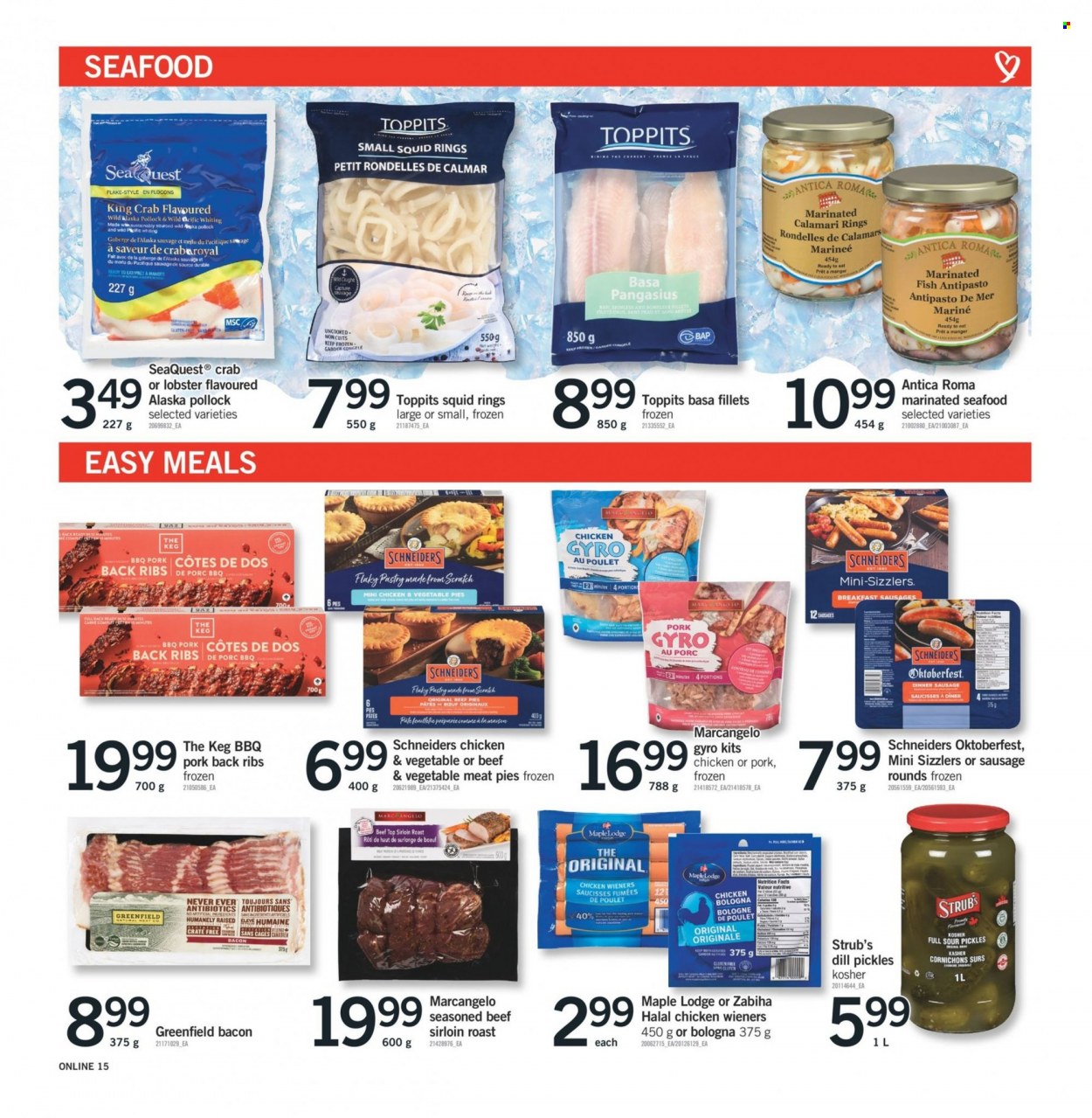 thumbnail - Fortinos Flyer - March 16, 2023 - March 22, 2023 - Sales products - calamari, squid, king crab, pollock, pangasius, seafood, crab, fish, whiting, squid rings, roast, bacon, bologna sausage, sausage, pickles, dill, beef meat, beef sirloin, ribs, pork meat, pork ribs, pork back ribs, crate. Page 13.