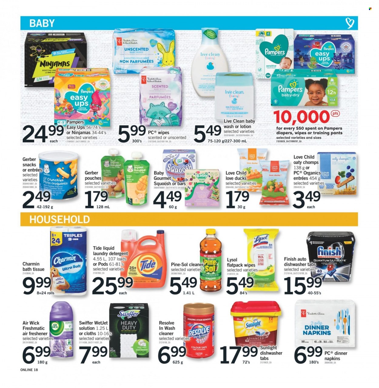 thumbnail - Fortinos Flyer - March 16, 2023 - March 22, 2023 - Sales products - chair, cheddar, snack, Gerber, Lil' Crunchies, baby food pouch, wipes, Pampers, pants, baby wipes, nappies, napkins, baby pants, petroleum jelly, bath tissue, Charmin, cleaner, stain remover, Lysol, Pine-Sol, Swiffer, Tide, laundry detergent, Sunlight, body lotion, WetJet, air freshener, Air Wick, dishwasher, underwear, detergent. Page 16.