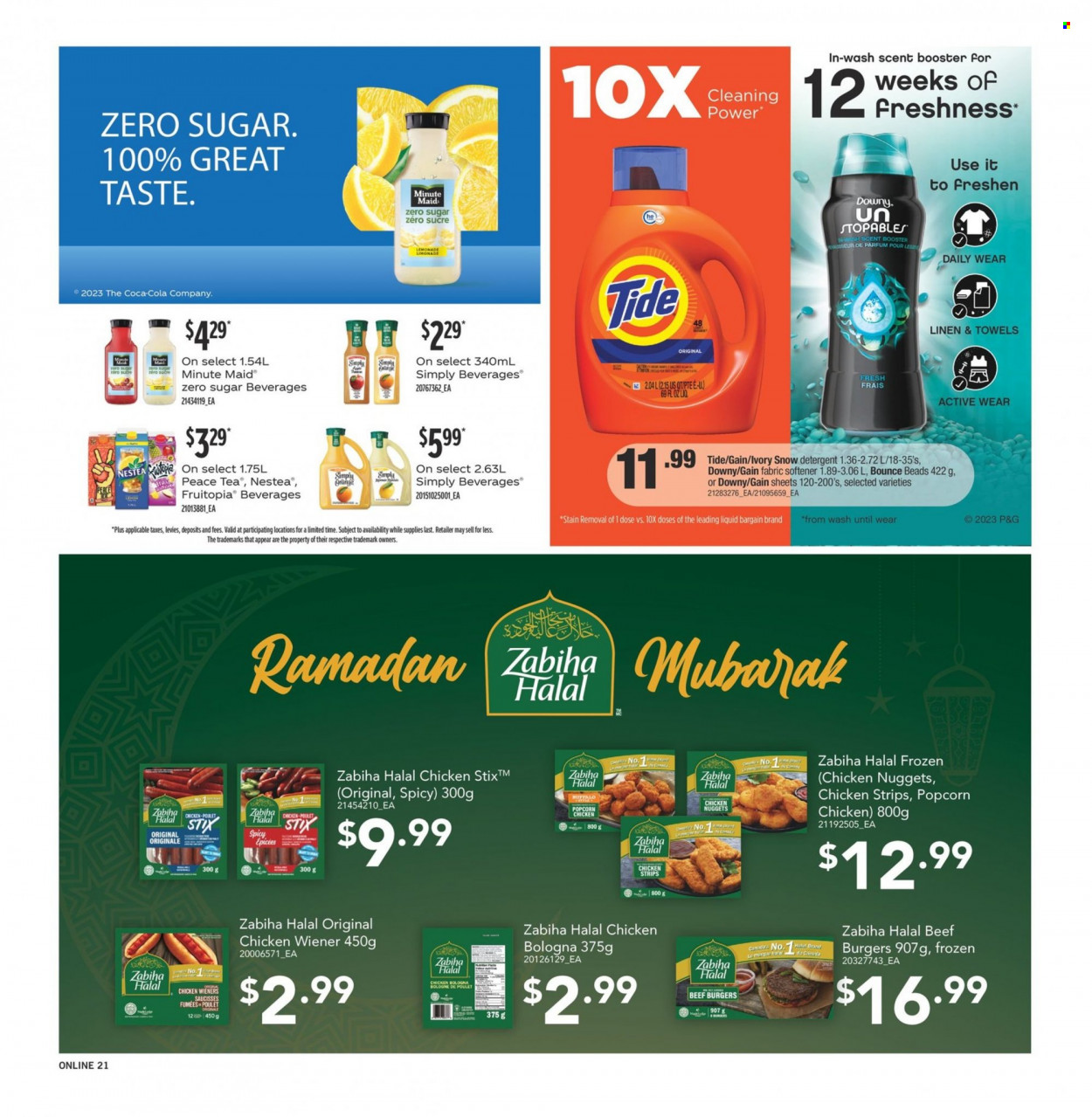 thumbnail - Fortinos Flyer - March 16, 2023 - March 22, 2023 - Sales products - nuggets, hamburger, chicken nuggets, beef burger, bologna sausage, strips, chicken strips, popcorn, Coca-Cola, fruit punch, tea, Gain, Tide, fabric softener, Bounce, eau de parfum, linens, towel, hat, detergent. Page 19.