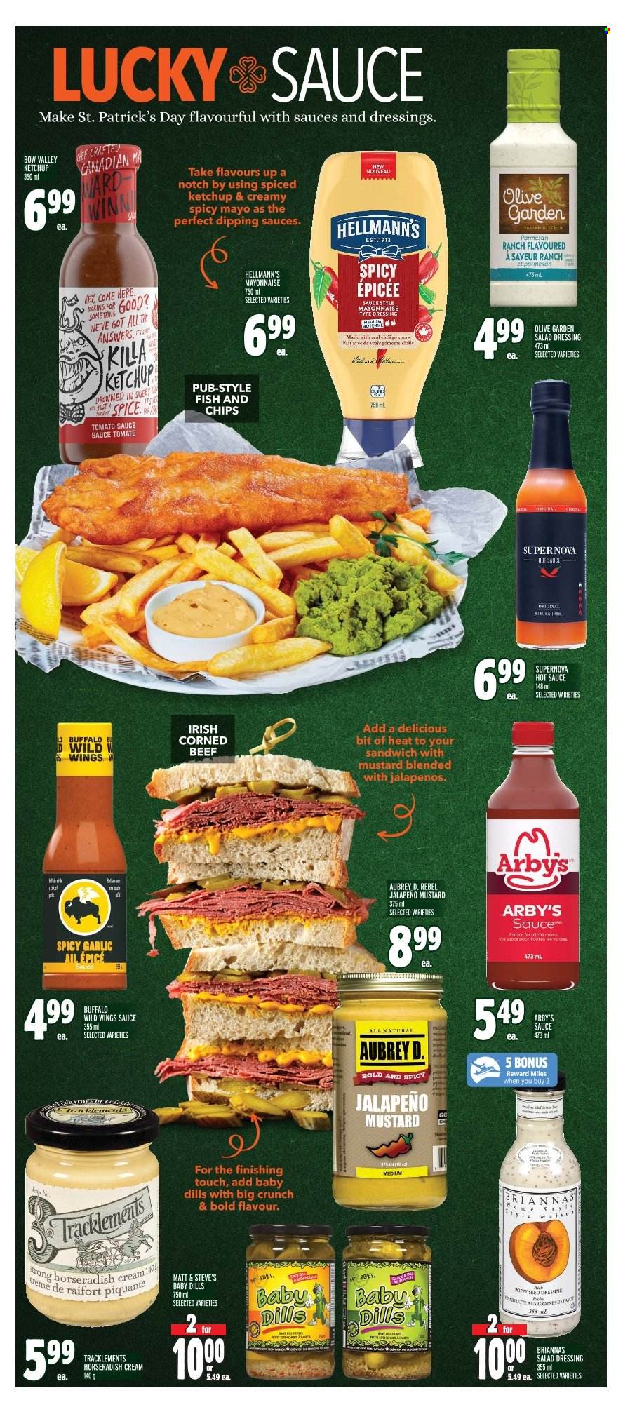 thumbnail - Metro Flyer - March 16, 2023 - March 22, 2023 - Sales products - garlic, horseradish, chili peppers, jalapeño, sandwich, corned beef, parmesan, mayonnaise, Hellmann’s, chips, tomato sauce, spice, salad dressing, hot sauce, dressing, beef meat, plant seeds, ketchup. Page 10.