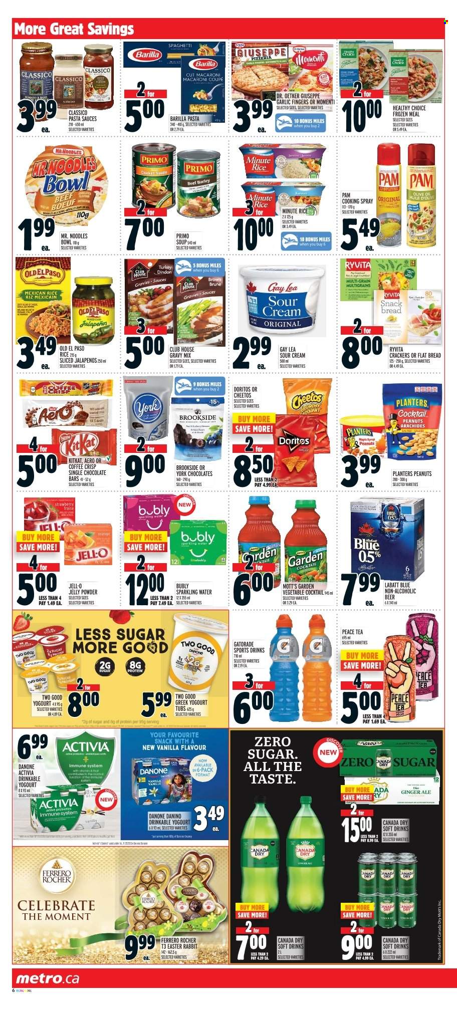 thumbnail - Metro Flyer - March 16, 2023 - March 22, 2023 - Sales products - bread, Old El Paso, garlic, oranges, Mott's, spaghetti, pasta sauce, macaroni, soup, pasta, noodles, Healthy Choice, Dr. Oetker, Activia, sour cream, rabbit, KitKat, jelly, crackers, chocolate rabbit, chocolate bar, Doritos, Cheetos, Jell-O, rice, gravy mix, Classico, cooking spray, maple syrup, syrup, peanuts, Planters, Canada Dry, ginger ale, soft drink, Gatorade, sparkling water, water, tea, beer, bowl, Salomon, Danone, Ferrero Rocher, Barilla. Page 11.
