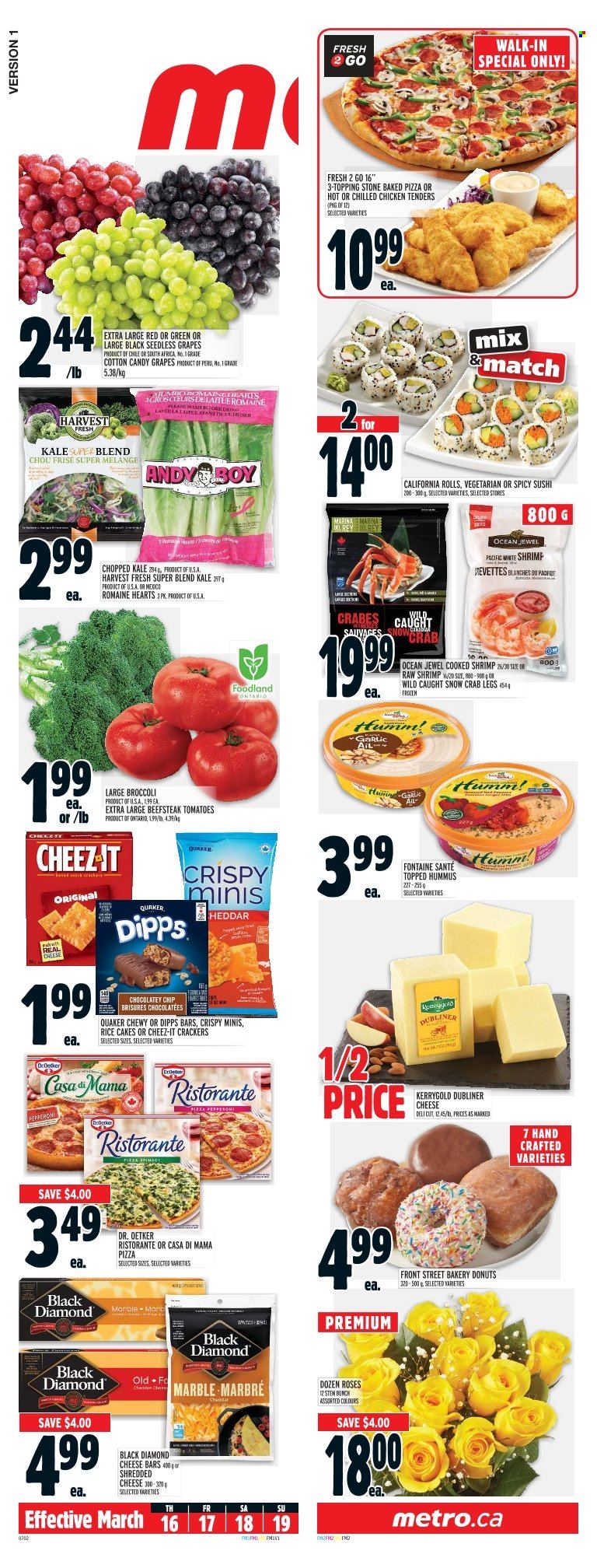 thumbnail - Metro Flyer - March 16, 2023 - March 22, 2023 - Sales products - donut, broccoli, garlic, kale, grapes, seedless grapes, crab legs, crab, shrimps, pizza, chicken tenders, Quaker, pepperoni, hummus, shredded cheese, Dr. Oetker, cotton candy, crackers, Cheez-It, topping, rose. Page 15.