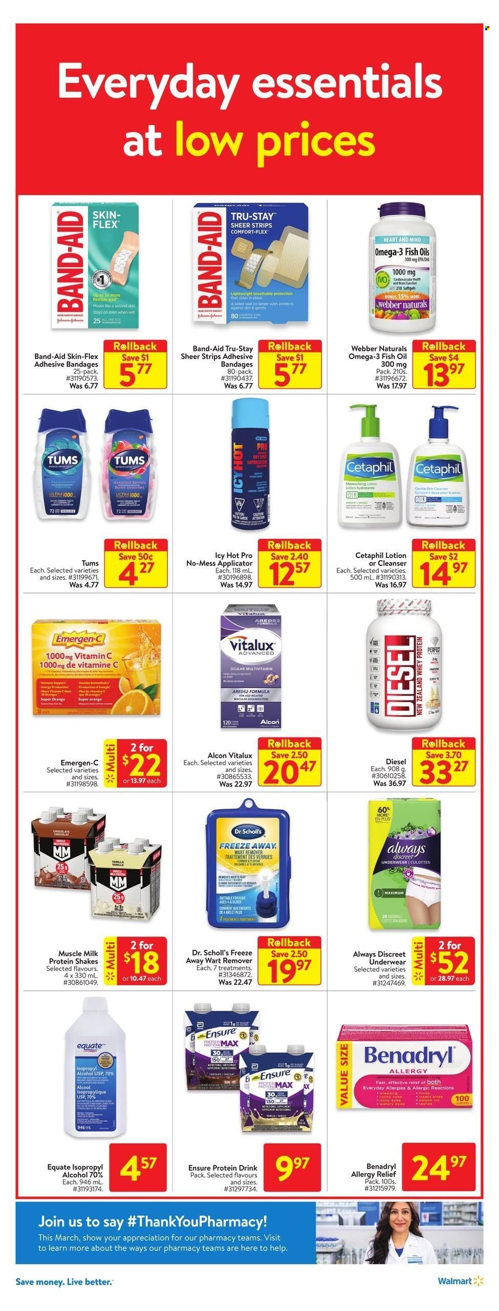 thumbnail - Walmart Flyer - March 16, 2023 - March 22, 2023 - Sales products - oranges, protein drink, shake, muscle milk, strips, Always Discreet, cleanser, body lotion, Dr. Scholl's, fish oil, multivitamin, vitamin c, Omega-3, Emergen-C, whey protein, allergy relief, band-aid. Page 7.